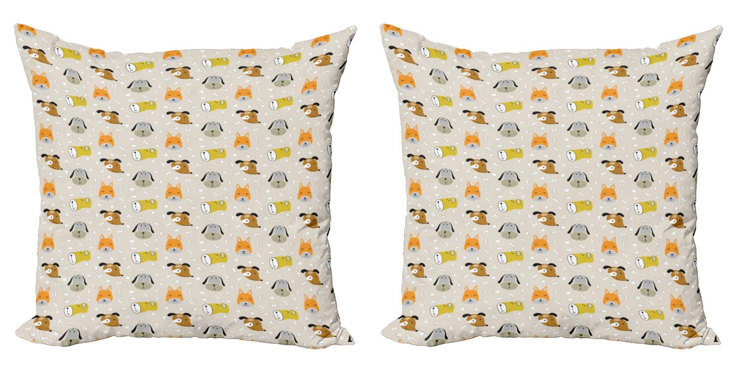 Ambesonne Cartoon Dog Face Throw Pillow Covers - Pack of 2, 16 Inch Zippered Cushion Covers with Colorful Bone Pattern, Double-Sided Digital Print Home Decor - Perfect for Living Room, Bedroom, and Sofa