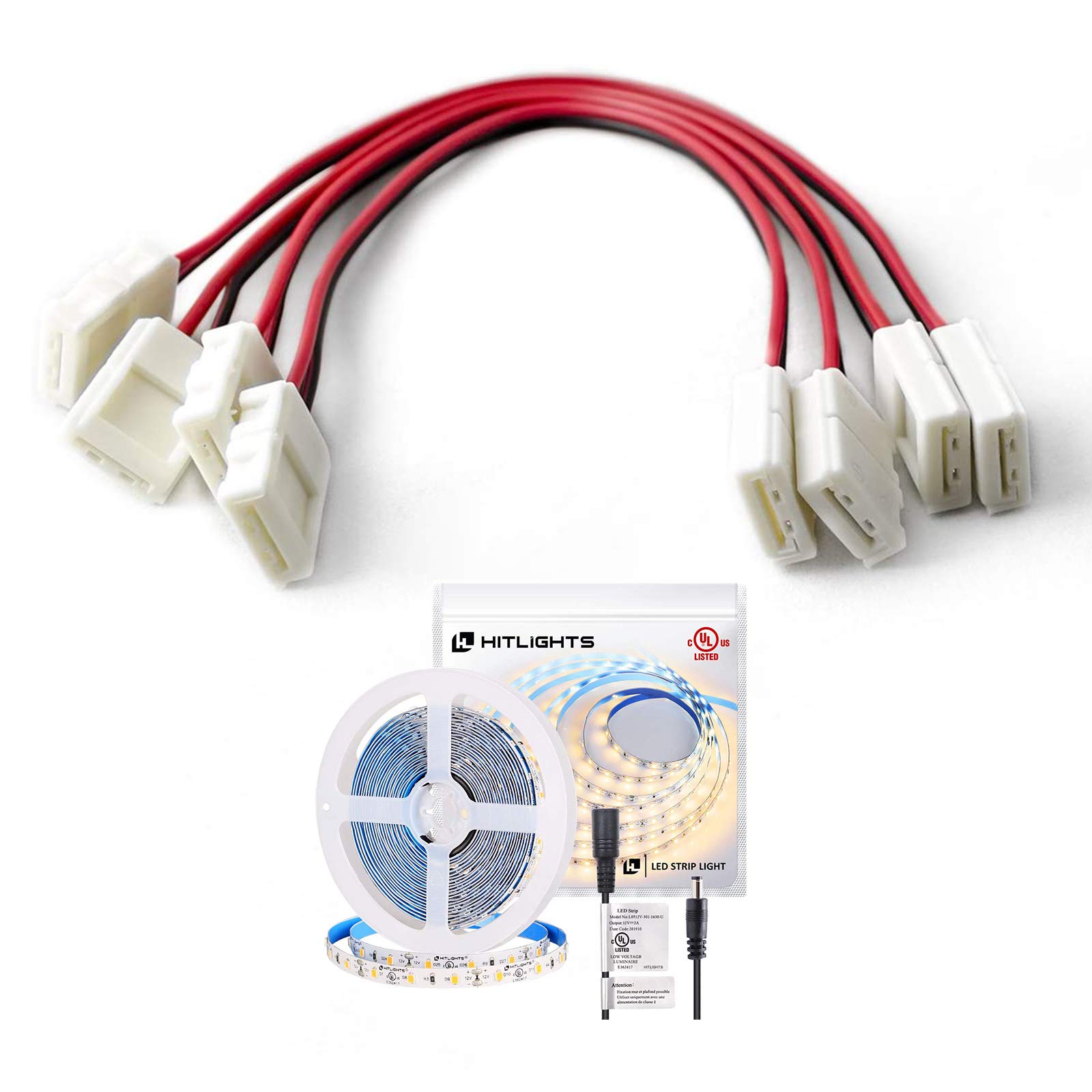 HitLights 8mm Monochrome 2835 LED Strip Connector with Warm White LED Light Strip - UL Certified for Home Decoration, Under Cabinet Lighting & DIY Projects