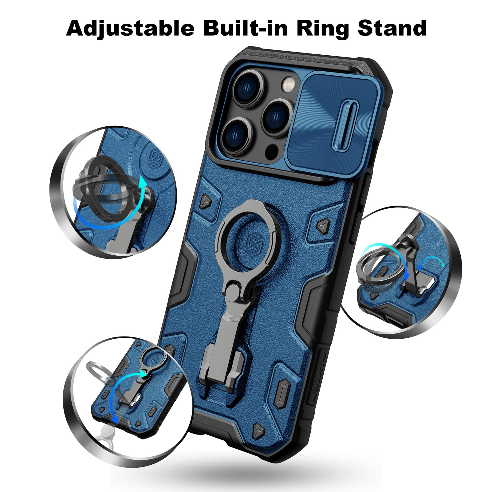 Nillkin Shockproof iPhone 14 Pro Max Case with Stand & Slide Camera Cover - Military Grade Protection, MagSafe Compatible for Wireless Charging & Magnetic Car Mount - Perfect for Travel, Work & Outdoor Activities (Blue)