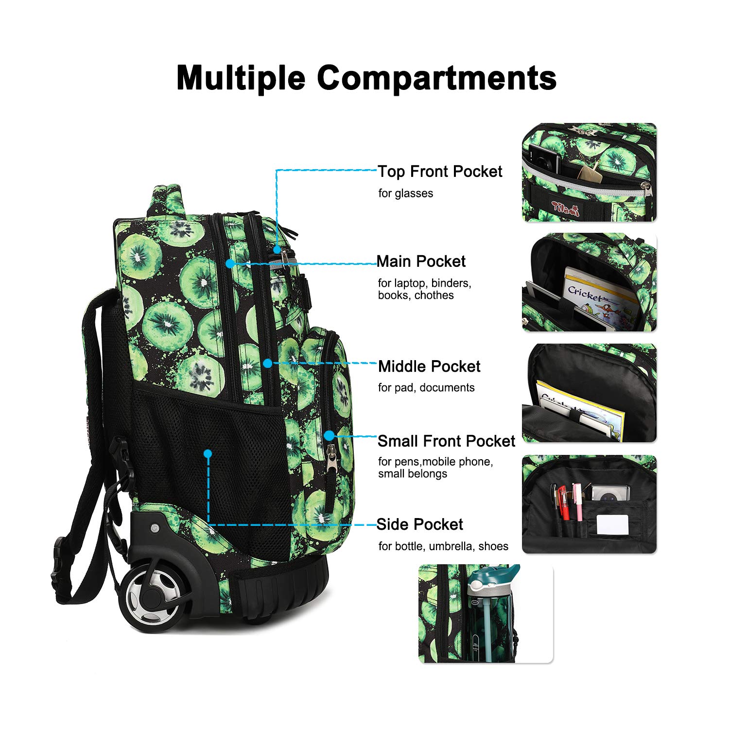 Tilami 19 Inch Rolling Backpack with Wheels - Wheeled Laptop Backpack with Detachable Lunch Bag (Kiwi Green) - Perfect for School, College, Business Travel & Commuting