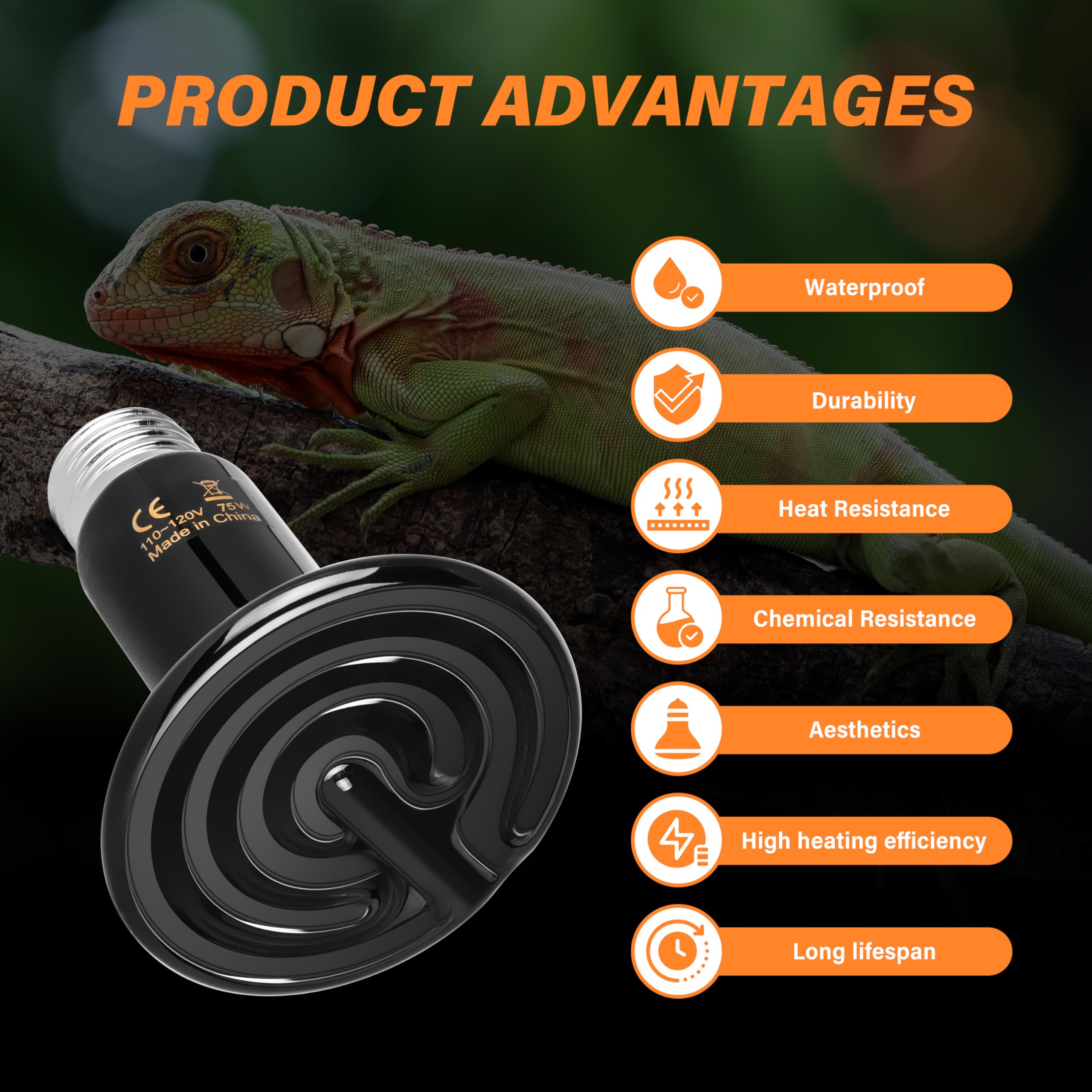 75W Ceramic Heat Emitter 2-Pack - No Light Reptile Heat Lamp for Bearded Dragons, Lizards, Snakes & Turtles | Amphibian Terrarium & Chicken Brooder Coop Heating | Durable Ceramic Heat Bulbs for Reptile Tanks & Pet Incubators