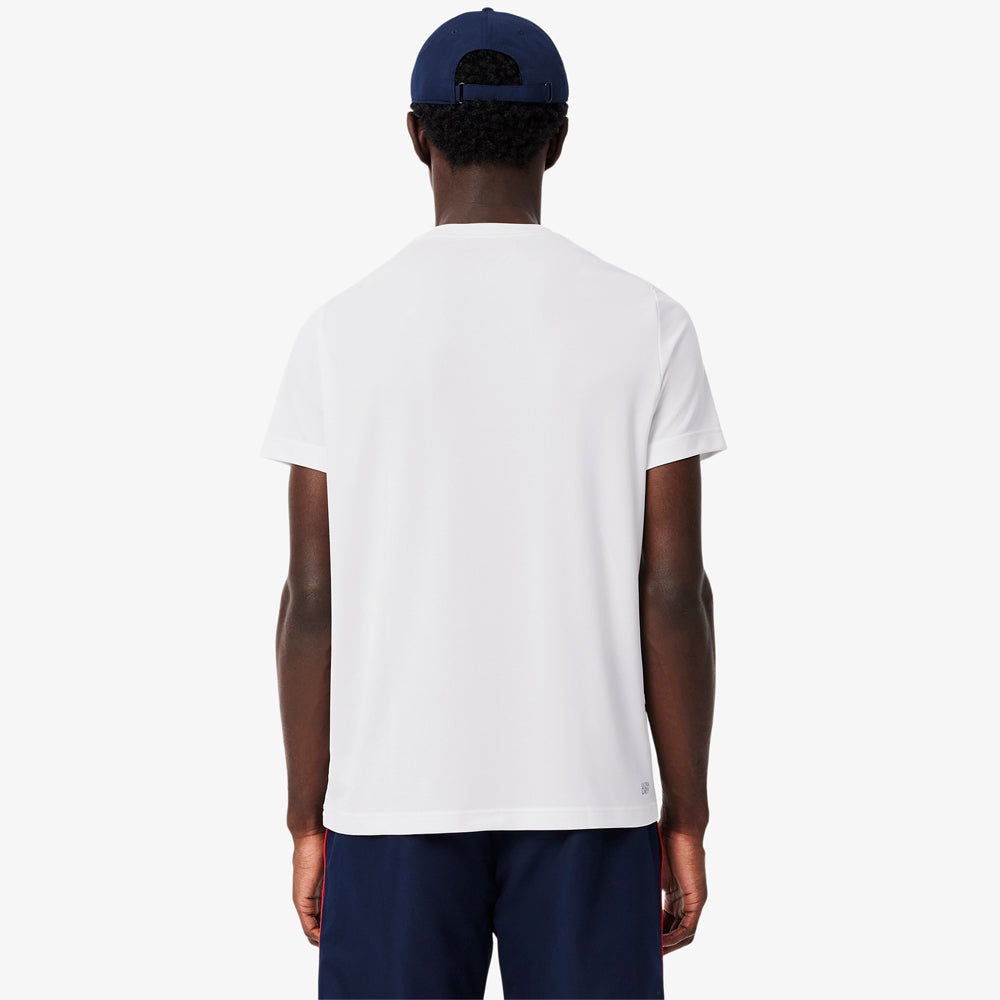 Lacoste Men's Ultra Dry Print Branding Sport Tee - Moisture Wicking Quick Dry Active T-Shirt for Gym, Running & Casual Wear - White/Navy Blue