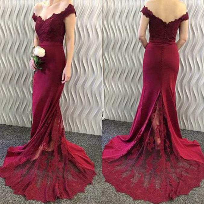 Elegant Burgundy Lace Bridesmaid Dress - Off Shoulder Mermaid Prom Gown for Weddings & Formal Events