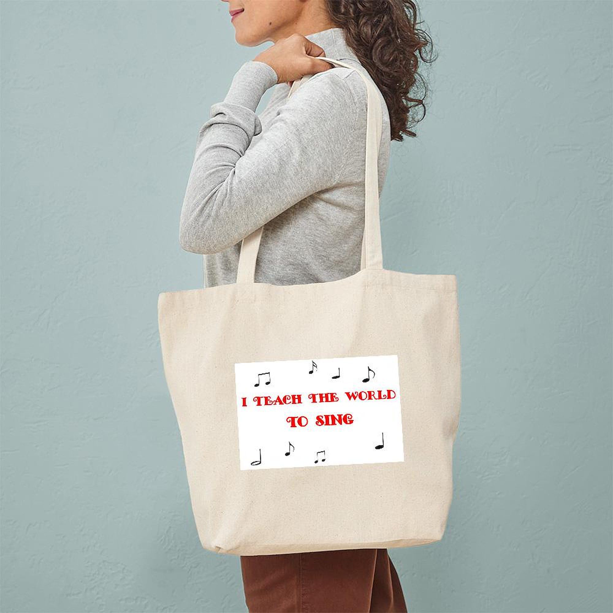 CafePress 'I Teach The World To Sing' Natural Canvas Tote Bag - Eco-Friendly Reusable Shopping Bag for Teachers, Choir Members & Music Lovers - Perfect for School, Groceries & Beach