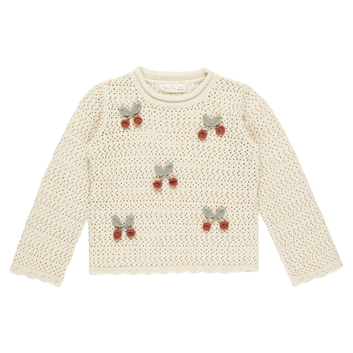 Cherry Print Crochet Knit Pullover Sweater - Women's Fashion Boho Chic Top for Casual Wear & Fall Outfits