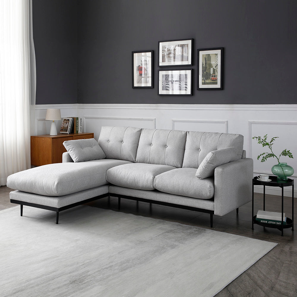 HAVANA 3-Seater Sofa with Left Chaise in Light Grey & Black - Modern Living Room Furniture for Small Spaces & Apartments
