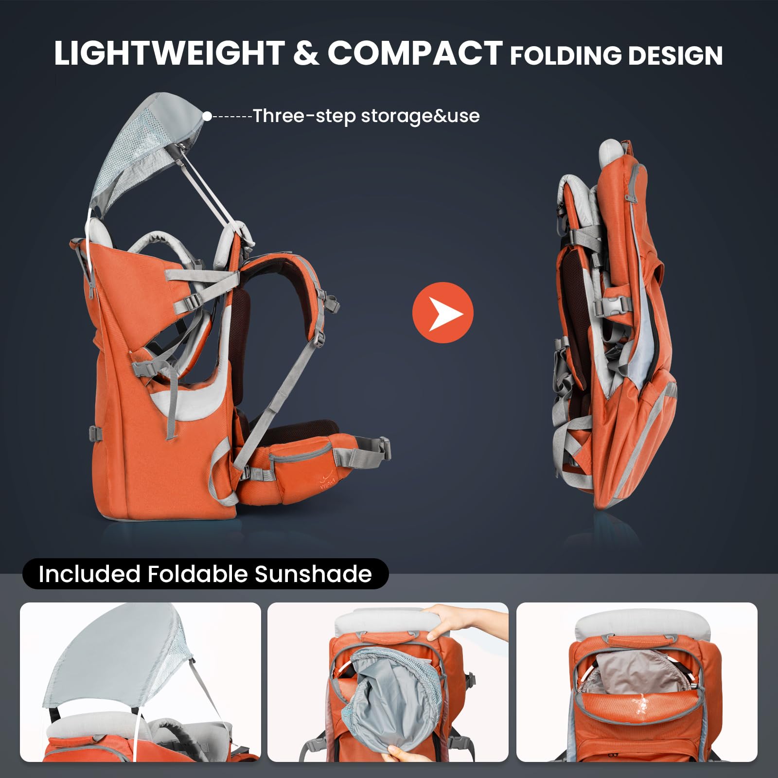 **WIPHA Ergonomic Baby Backpack Carrier for Hiking - Adjustable Padded Child Seat with Sun Canopy, Large Storage & Insulated Pocket - Safe Toddler Carrier (Orange) - Perfect for Outdoor Adventures, Travel & Family Walks**