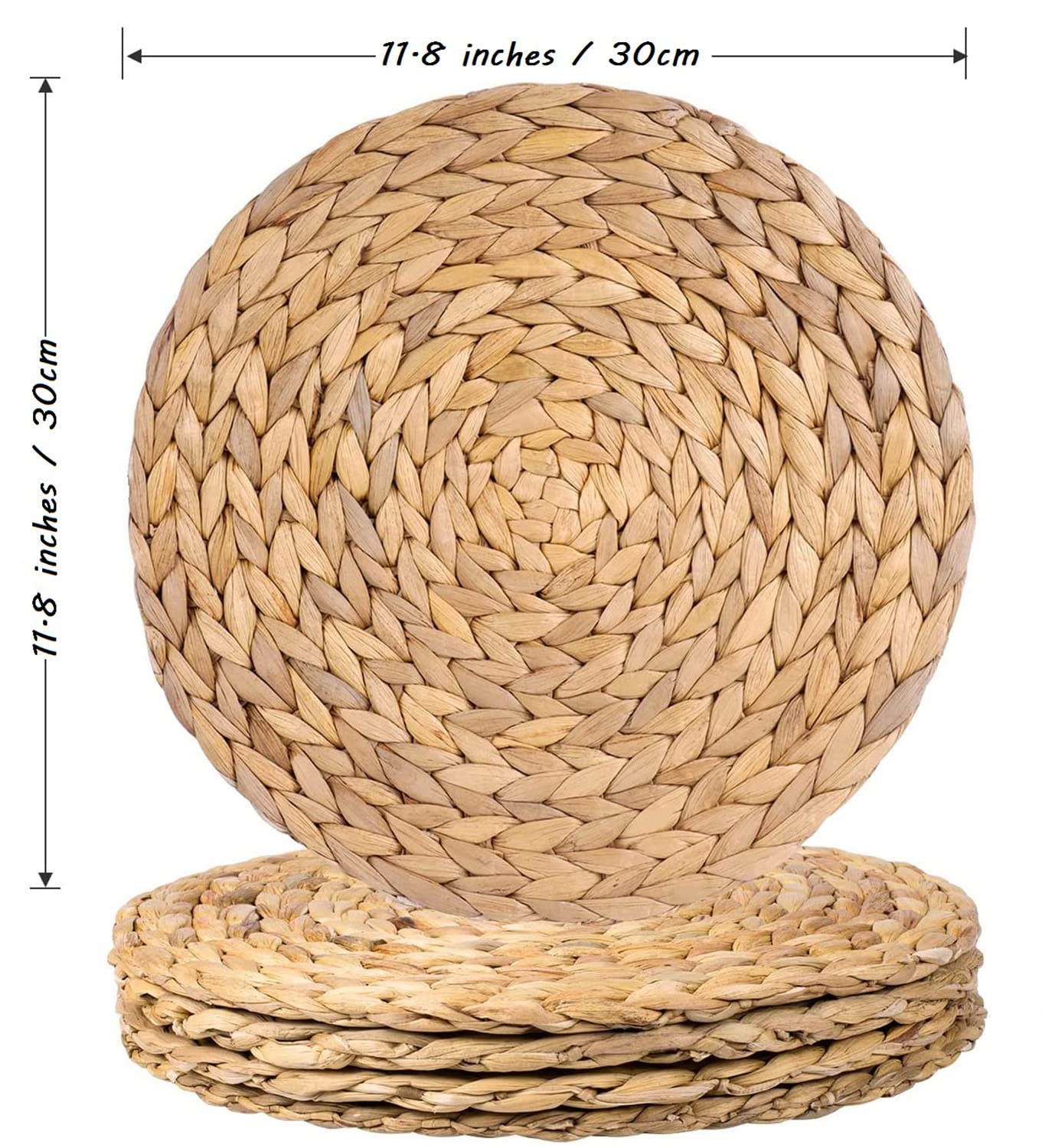 4 Pack Round Woven Placemats - 11.8 Inch Natural Wicker & Water Hyacinth Braided Table Mats - Rustic Rattan Charger Plates for Dining Table, Kitchen, Party & Outdoor Decor
