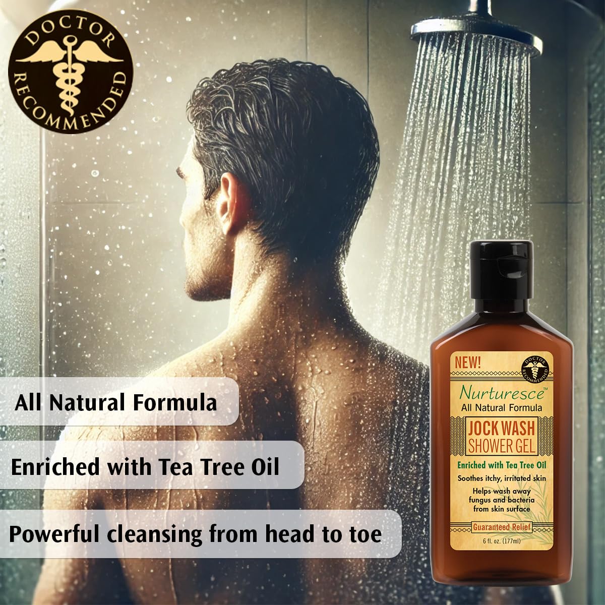 **PediFix Nurturesce Jock Wash Shower Gel - 6 oz Tea Tree Oil Body Wash for Men, Anti-Fungal & Itch Relief, Soothes Irritated Skin, Natural Ingredients (Packaging May Vary) - Ideal for Athletes & Active Lifestyles**