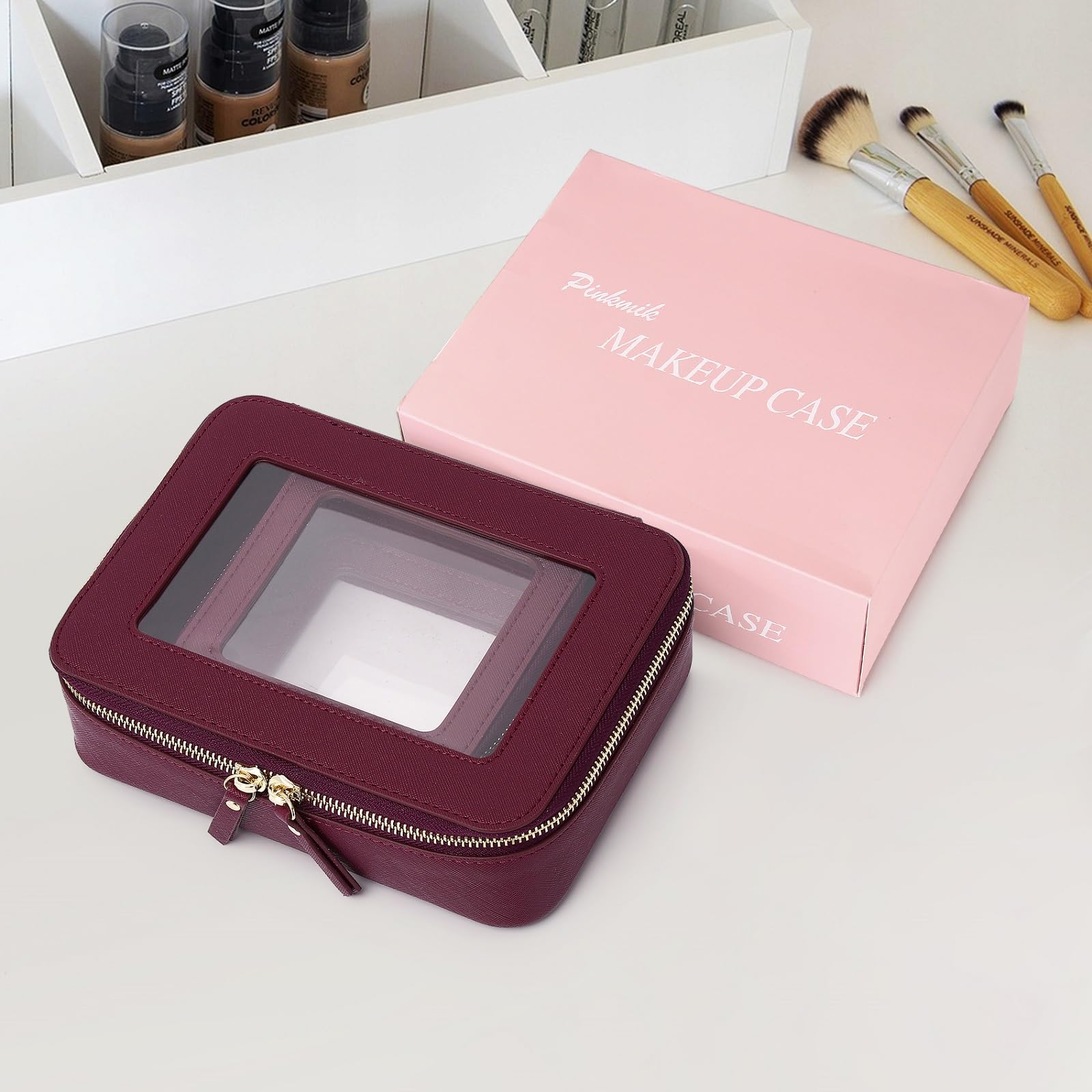 Waterproof Clear Makeup Bag Travel Organizer for Cosmetics & Toiletries - Women's Zippered Purse & Car Storage Case (X/Burgundy, M+MINI) - Perfect for Travel, Gym, Beach & Daily Organization