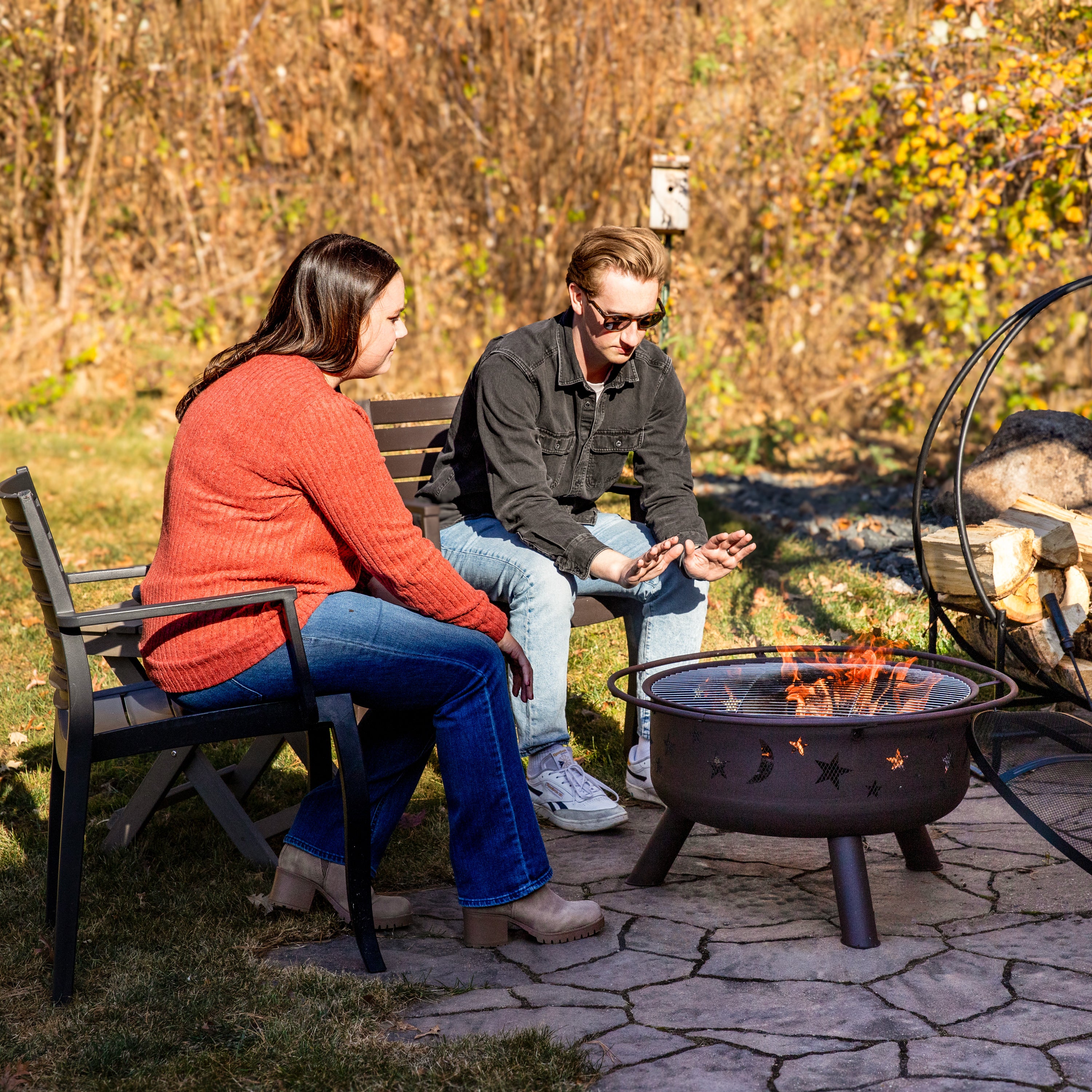 Sunnydaze 30-Inch Cosmic Cooking Fire Pit with Grill Grate & Spark Screen - Outdoor Camping, Backyard BBQ, and Patio Bonfire Cooking