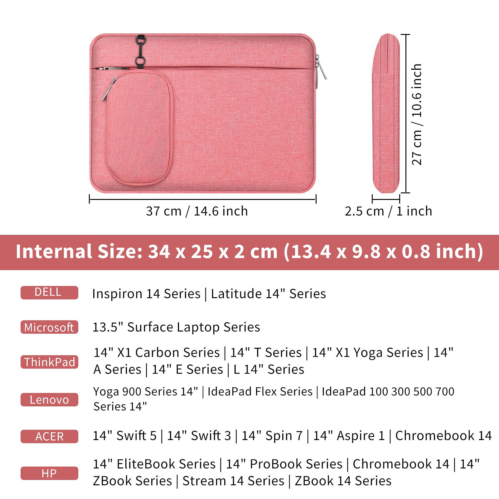 Waterproof 14-14.2 Inch Laptop Sleeve Case - Shock Resistant Lightweight Protective Bag with Detachable Pouch for MacBook Pro 14.2