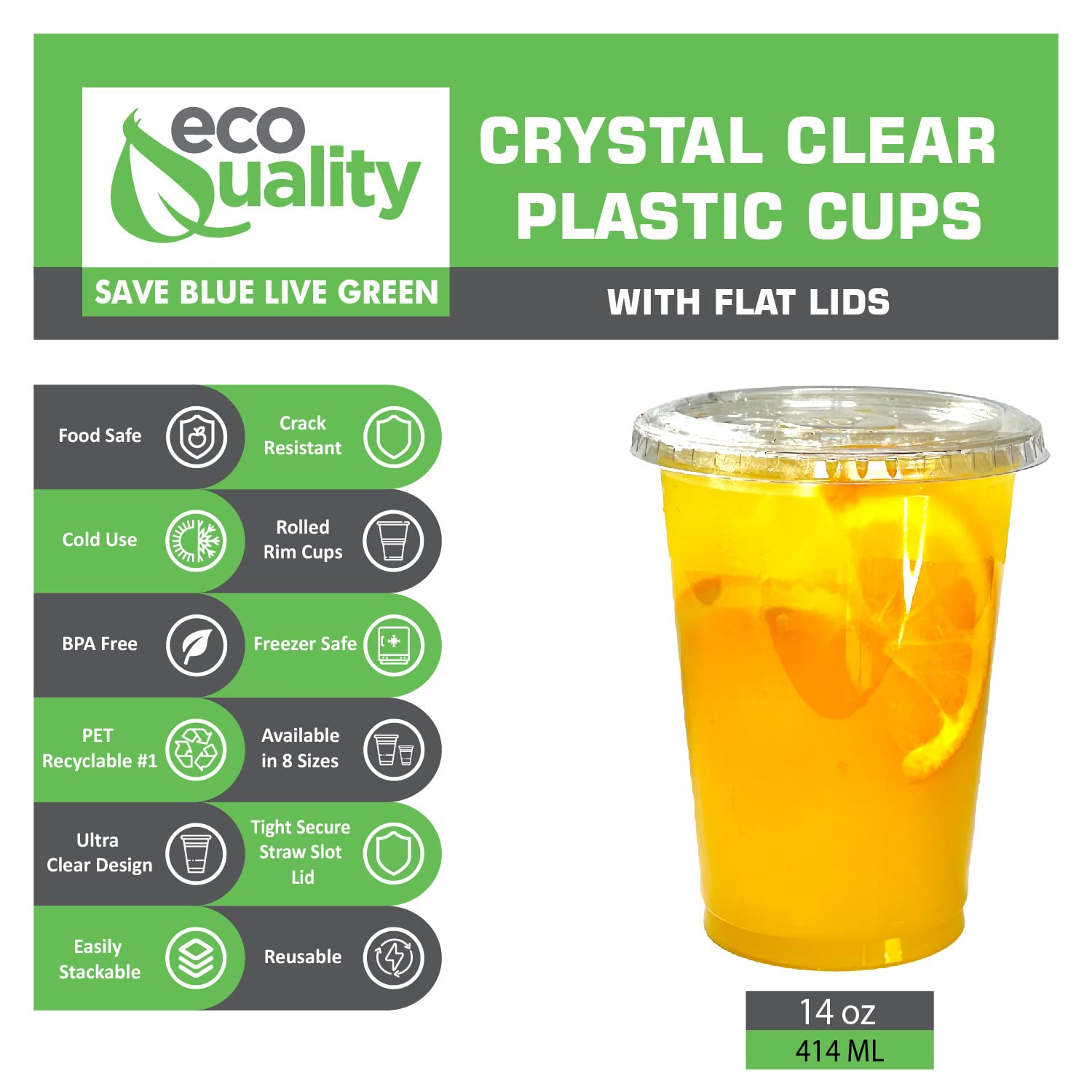 EcoQuality Clear Plastic Disposable Cups with Lids - 14oz (1000 Pack) | Crystal Clear PET Cold Drink Cups for Smoothies, Iced Coffee, Juice & Cocktails | Perfect for Parties, Cafes, Restaurants & Events | BPA-Free & Eco-Friendly