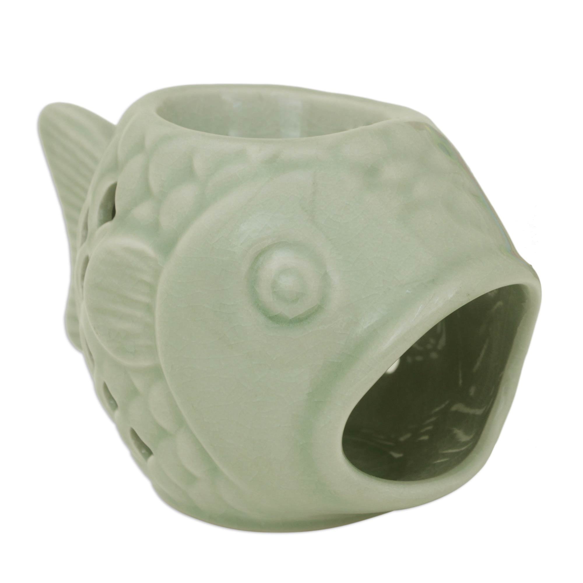 NOVICA Hello Fish Ceramic Oil Warmer - Aromatherapy Diffuser for Home, Office & Spa - Handmade Decorative Essential Oil Burner with Relaxing Scents