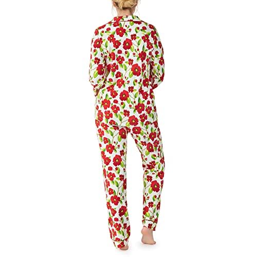BedHead Pajamas Women's Long Sleeve Sleepshirt - Red Camellia Floral Print, Size Small | Soft Cotton Nightshirt for Cozy Sleep & Lounge Wear