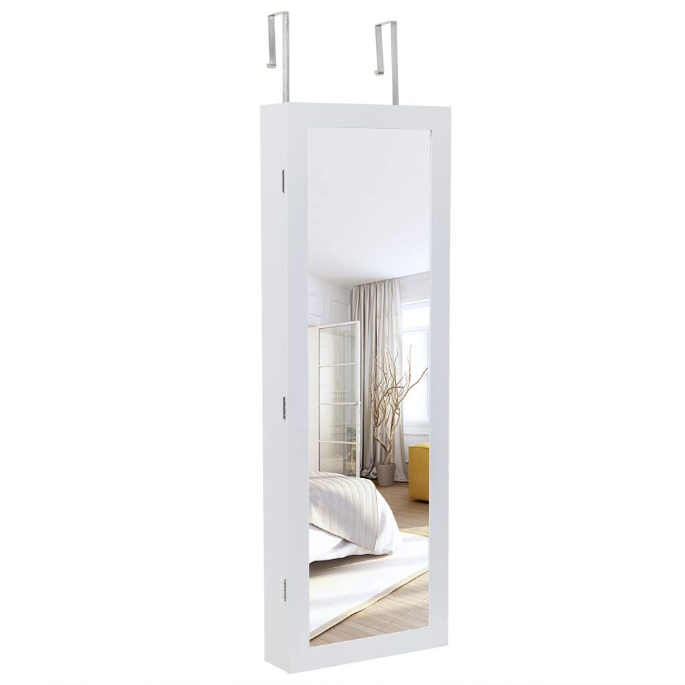 White Wall-Mounted Jewelry Armoire Cabinet with Full-Length Mirror, LED Lights & Lockable Drawers - Large Jewelry Organizer for Necklaces, Rings & Accessories - Perfect for Bedroom Closet or Walk-In Wardrobe Organization