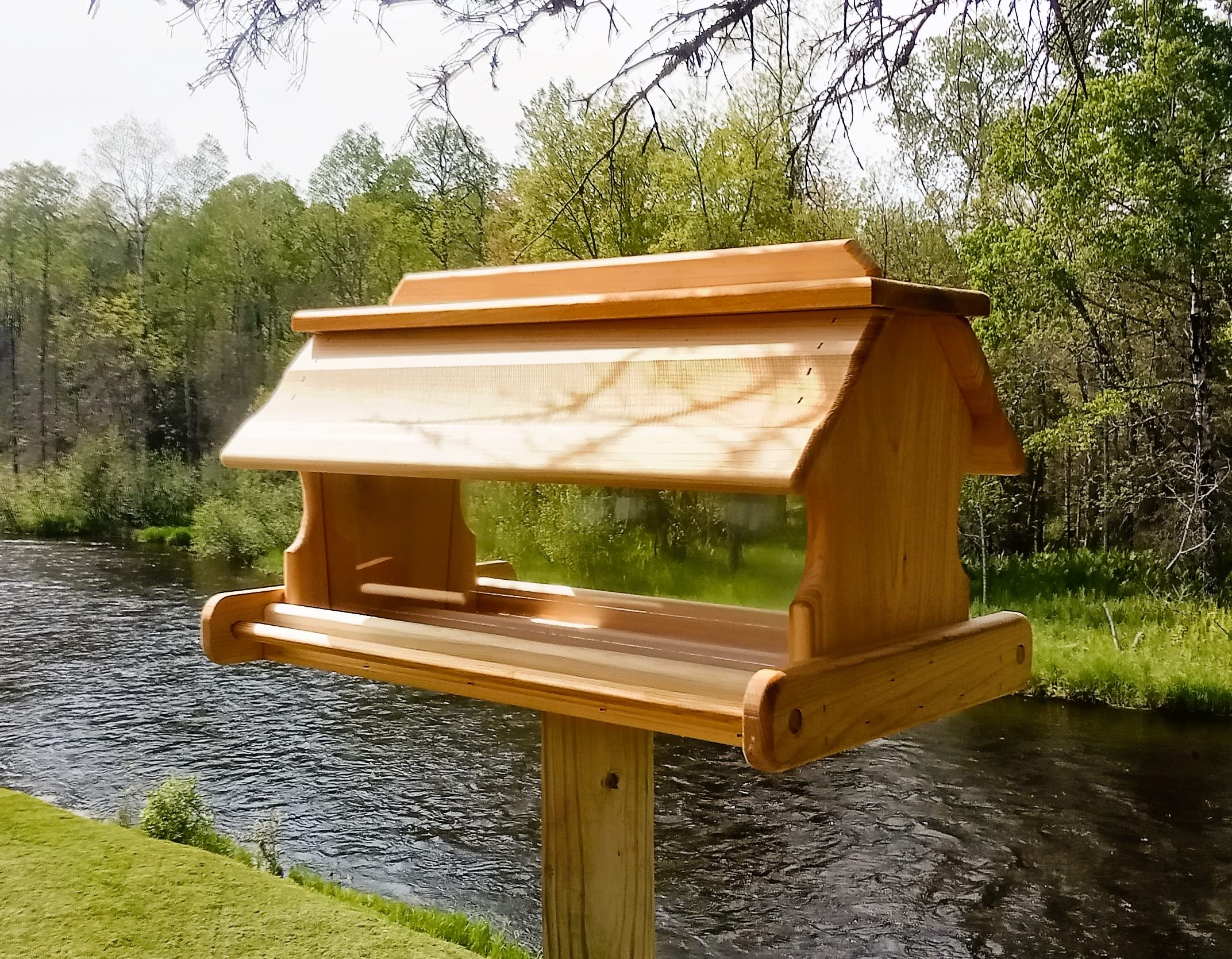 24 Inch Cedar Wood Post Mount Bird Feeder - Durable Outdoor Bird Feeder for Garden, Yard & Patio - Attracts Cardinals, Finches & Wild Birds - Weather Resistant & Easy to Fill