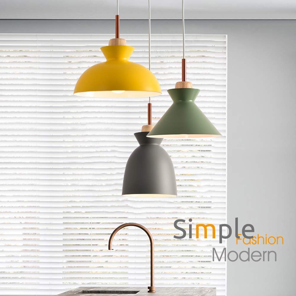Swag Plug-in Pendant Light with Wooden Handle - 15ft UL Certified Cord & On/Off Dimmer Switch - Macaron Yellow Lampshade - Loft Style Hanging Light for Dining Room, Kitchen Island & Bedroom (Bulbs Not Included)