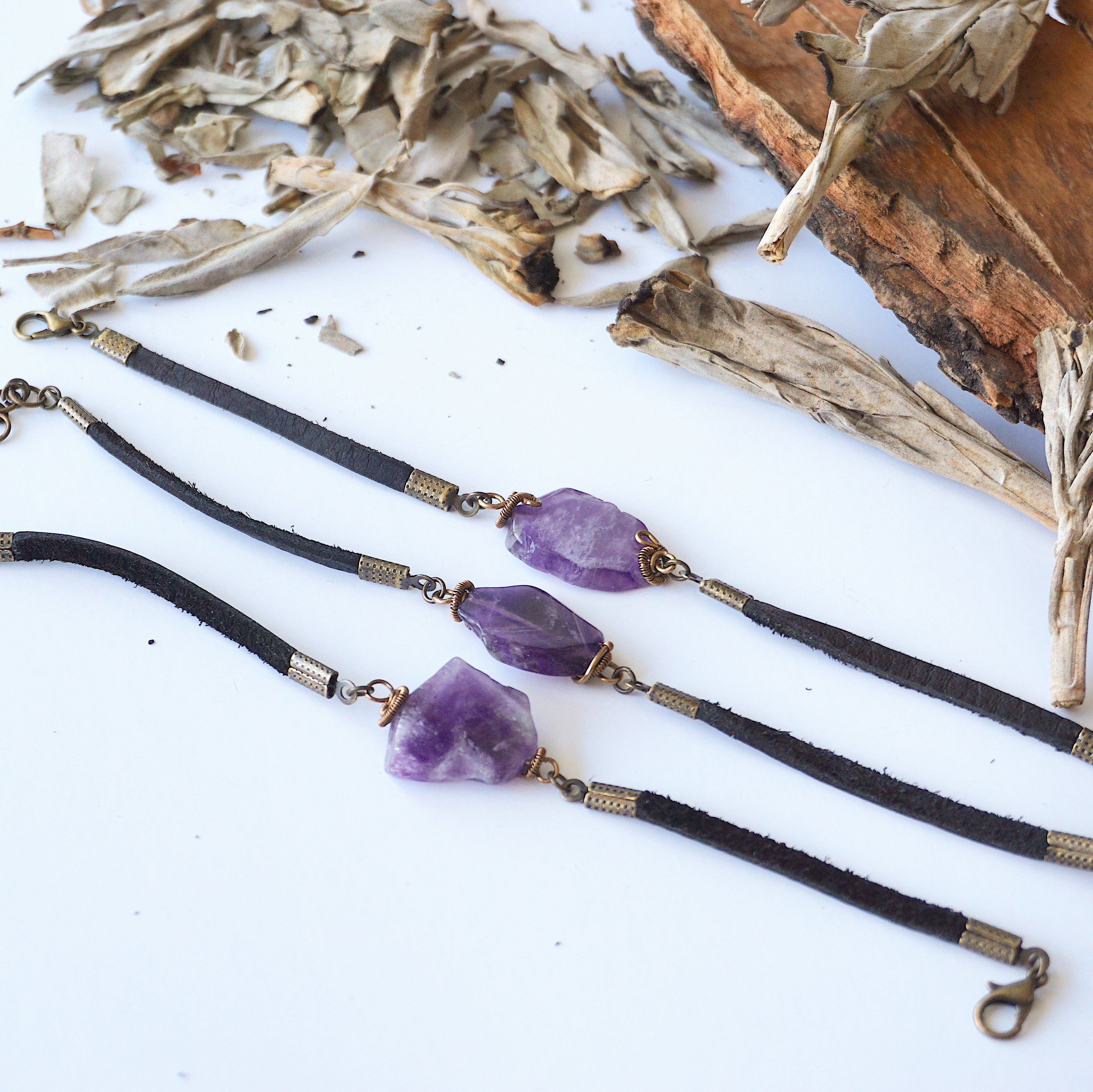 Amethyst Black Leather Bracelet for Women – Handmade Adjustable Crystal Healing Jewelry for Meditation, Yoga & Spiritual Gifts