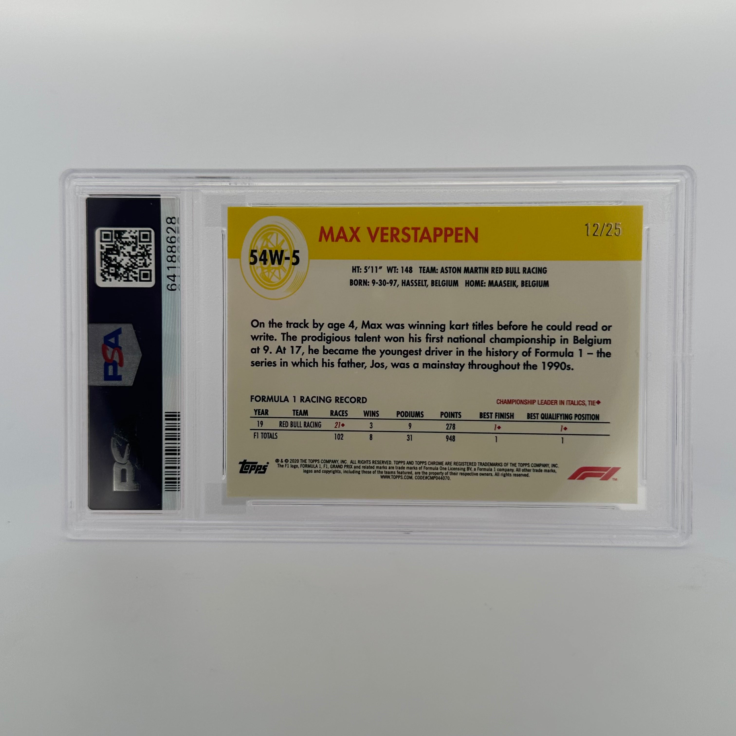 PSA 8 Graded 12/25 Max Verstappen World On Wheels #54W Orange Refractor - Rare Racing Collectible for Display & Investment
