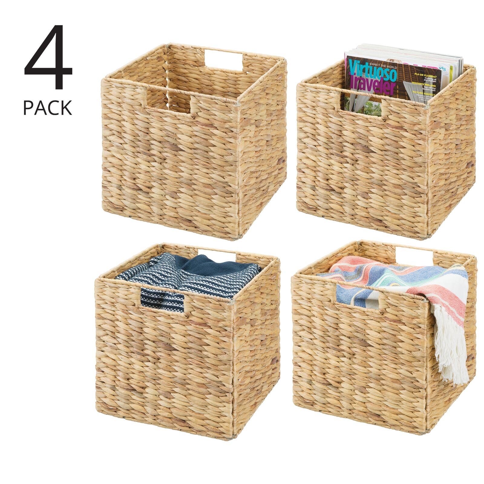 mDesign Natural Woven Hyacinth Cube Organizer Basket with Handles - 4 Pack Storage Bins for Bathroom, Laundry Room, Nursery & Cubby Units - Perfect for Organizing Blankets, Books & Home Essentials | Space-Saving Home Decor Solution