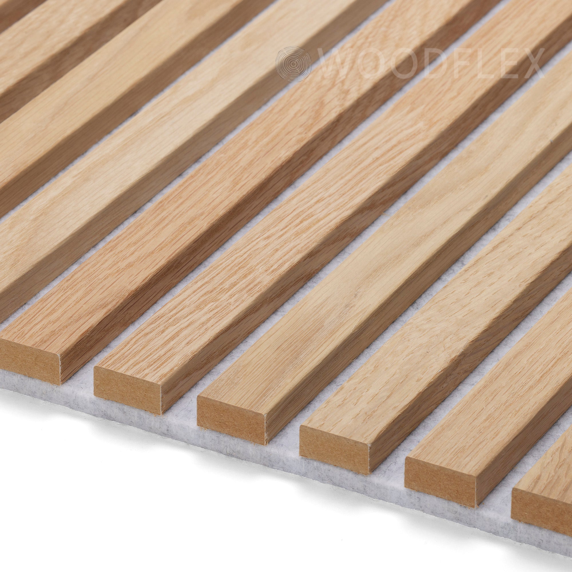 WOODFLEX Flexible Acoustic Wood Slat Panel - 3 Sided Oak Veneer on Light Grey - 2700mm x 600mm - Soundproof Wall Panels for Home Theater, Office & Studio Decoration