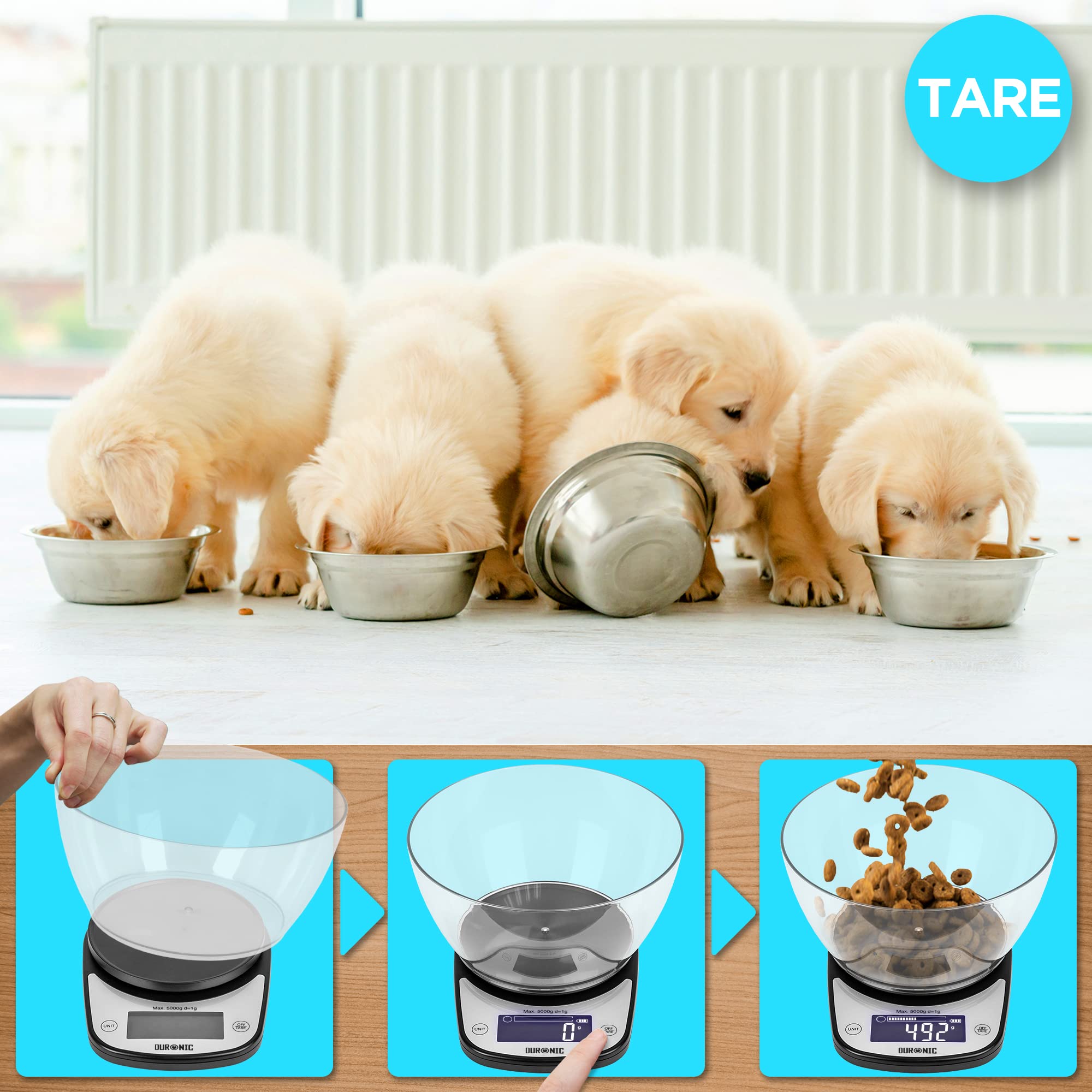 Duronic Digital Kitchen Scale KS5000 BK/CR - Precision Electronic Food Scale with Bowl & Backlit LCD Display for Cooking, Baking, Measuring Pet Food & Postal Packages - Perfect for Home Kitchen, Bakeries & Small Businesses