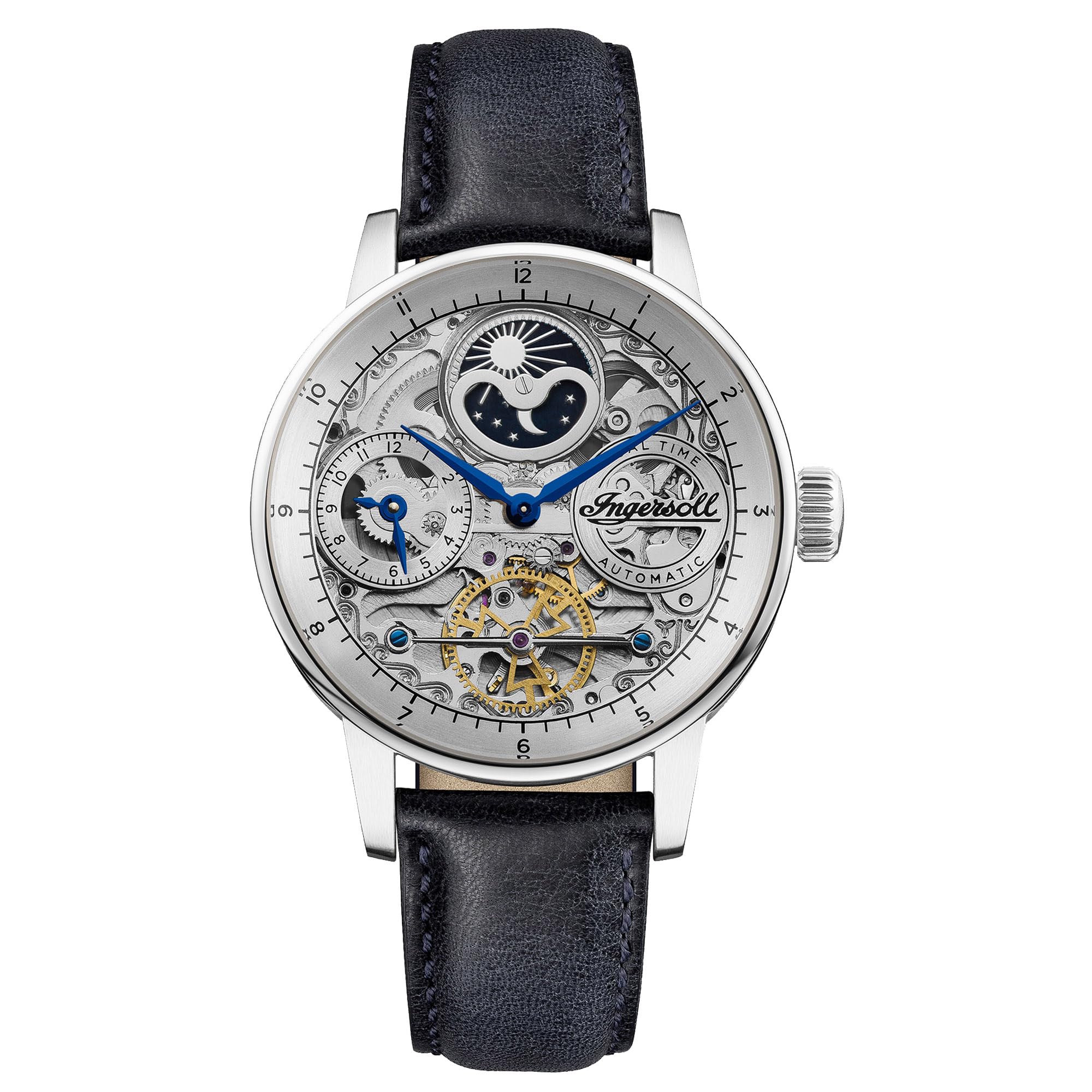 Ingersoll The Jazz Men's 42mm Automatic Moonphase Watch - Silver Skeleton Dial & Genuine Blue Leather Strap I07702 - Perfect for Formal Events, Business Meetings & Luxury Gift Giving