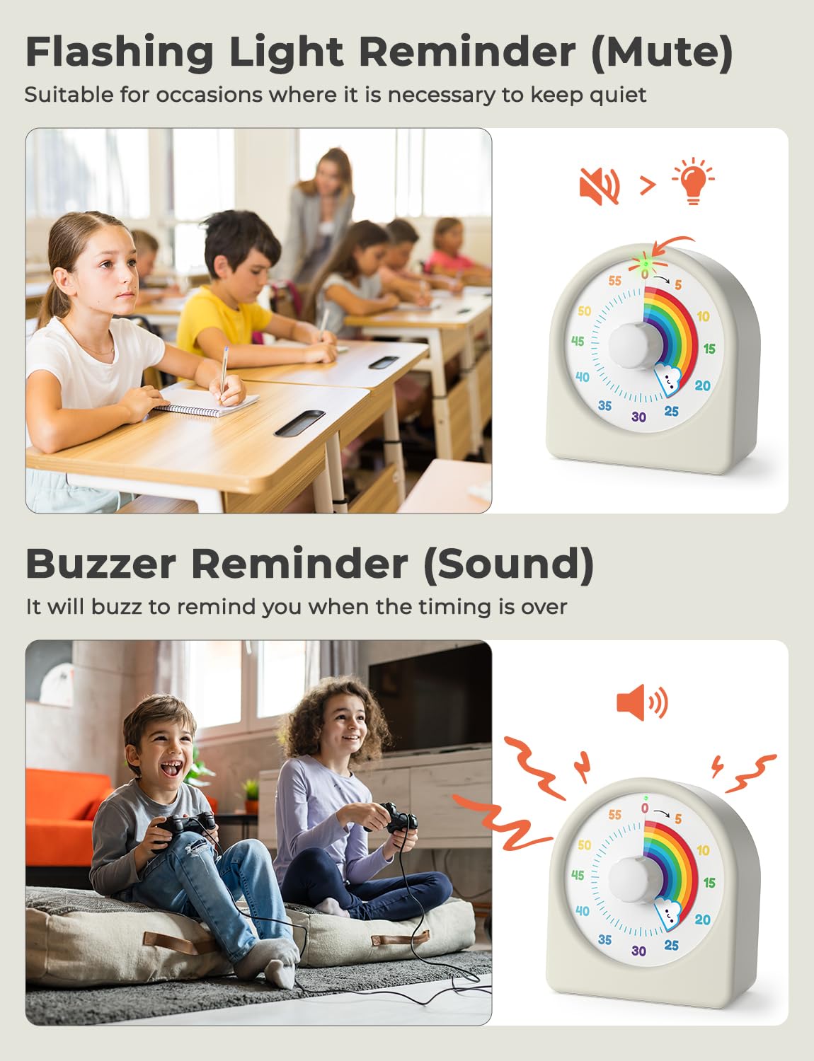 LIORQUE 60 Minute Visual Timer for Kids - Rechargeable Countdown Timer with Rainbow Design & Magnetic Back | Classroom, Homework, Pomodoro Study & Time Management Tool