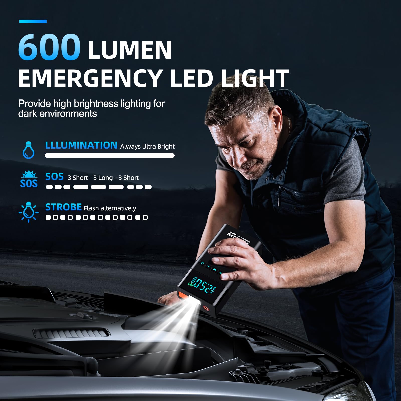 3500A 150PSI Car Battery Jump Starter with Air Compressor - Portable Power Pack for All Gas & 10L Diesel Vehicles - Emergency Jump Box with LCD Display & LED Light - Perfect for Roadside Emergencies & Camping Power Needs