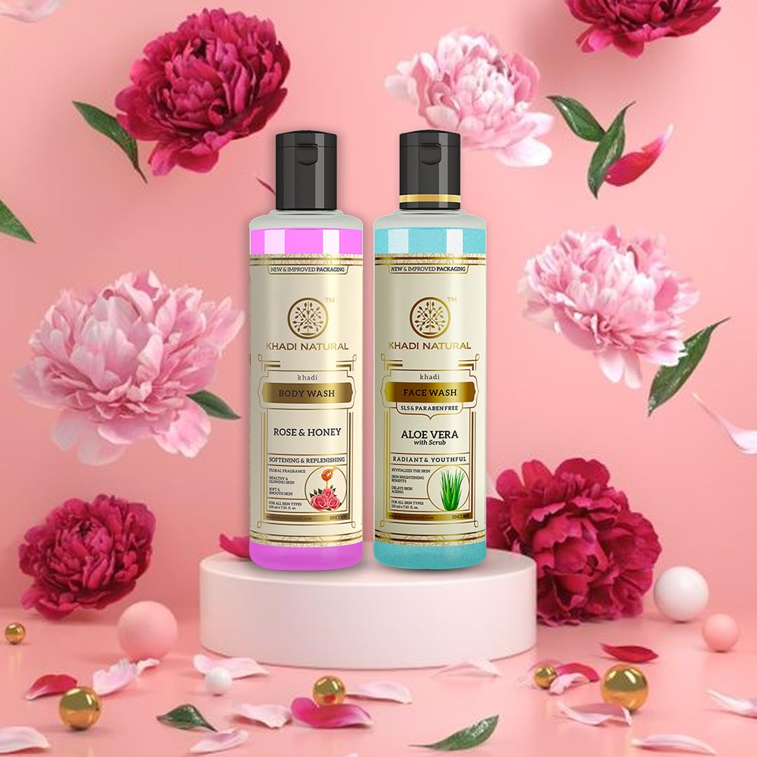 Khadi Natural Aloe Vera Face Wash with Scrub & Rose Honey Body Wash Set - 210ml Each | Paraben & SLS Free | Brightens Skin & Reduces Wrinkles | For Daily Skincare Routine & Spa-Like Experience at Home
