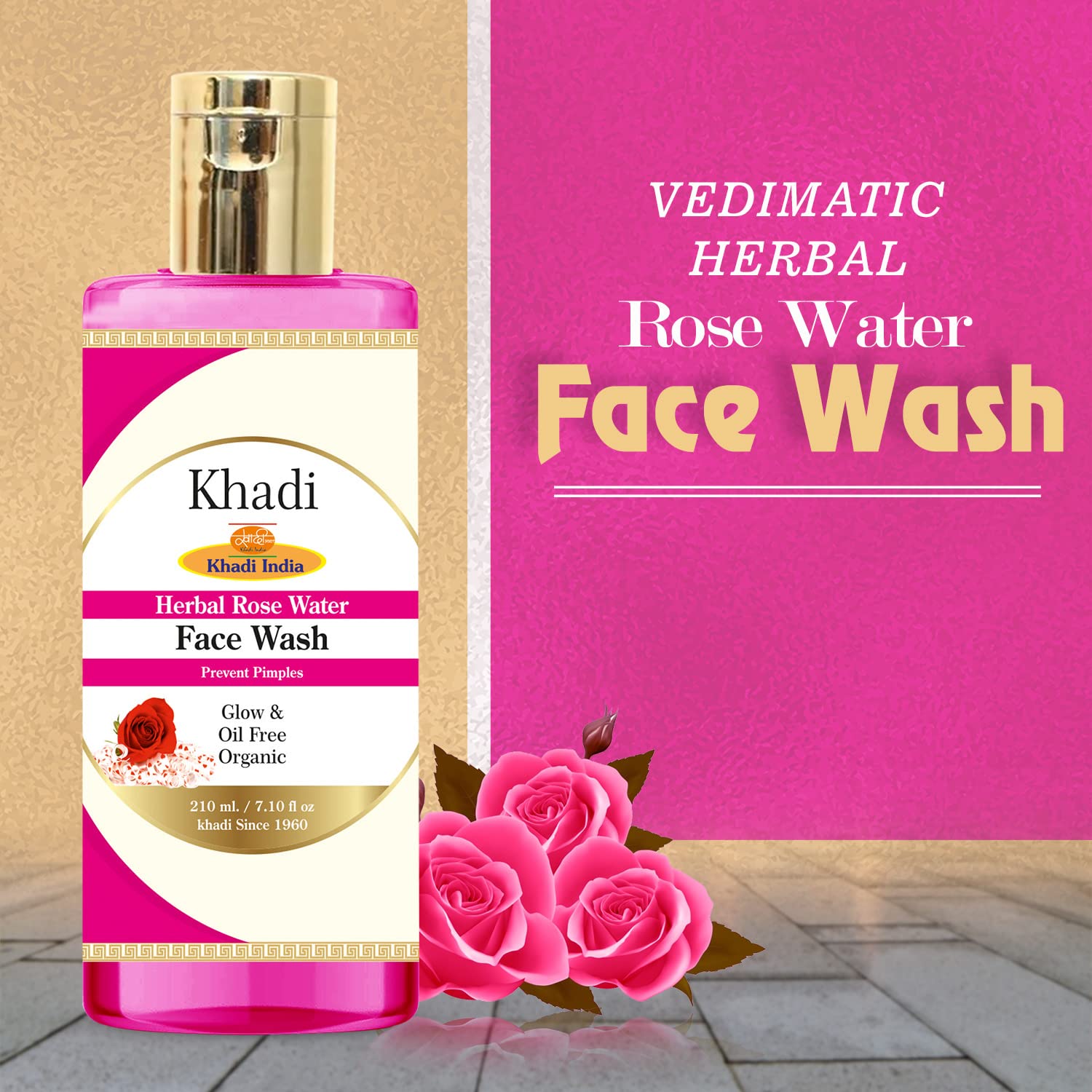 Khadi Herbal Rose Water Face Wash - 210ml (Pack of 4) | Natural & Organic Cleanser for Glowing Skin | Perfect for Daily Skincare Routine & Makeup Removal
