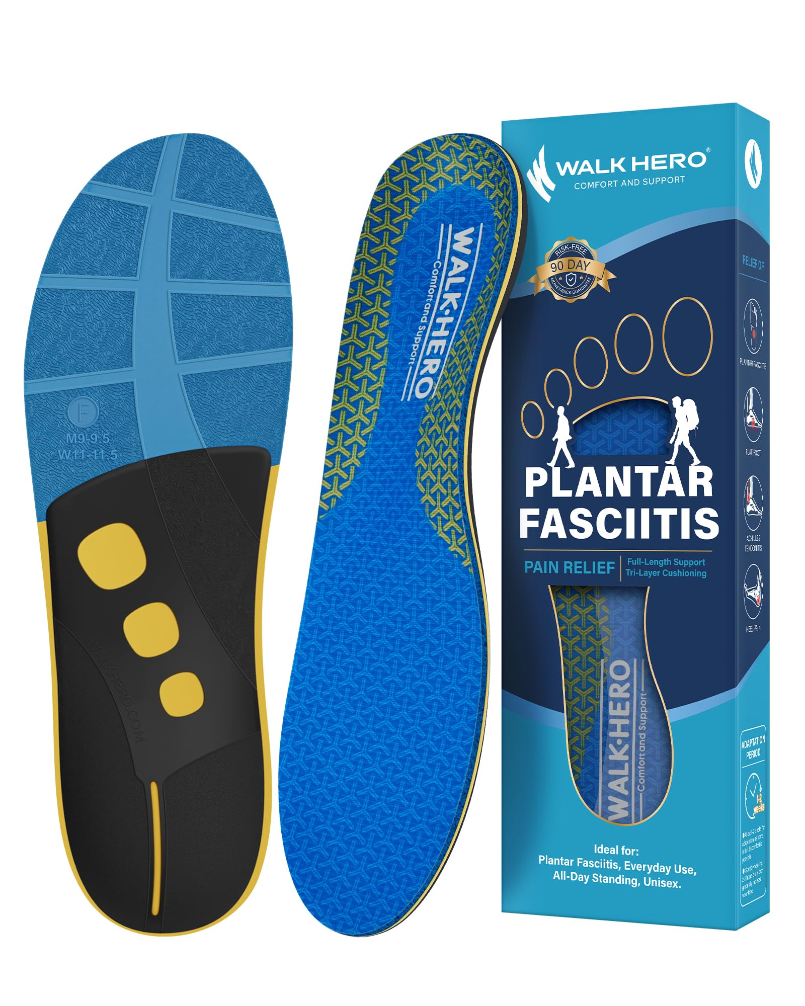 WalkHero Plantar Fasciitis Insoles for Men & Women - Orthotic Arch Support Inserts for Pain Relief, Reduce Foot Fatigue (Men's 6-6.5 | Women's 8-8.5) - Perfect for Running, Hiking & Daily Comfort