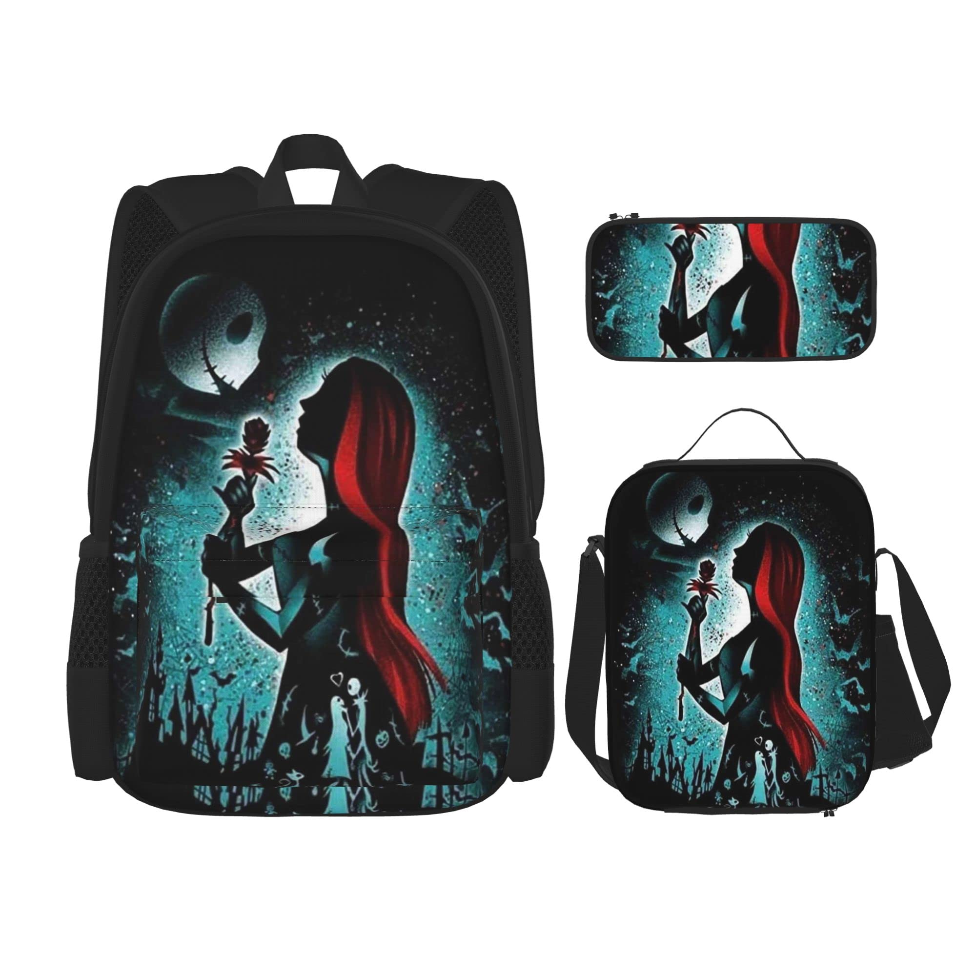 Halloween Nightmare 3-Piece Backpack Set - Cartoon Backpack with Lunch Box & Pencil Case for Girls, Teens, Women & Men - Durable Laptop School Backpack - Wear Resistant for Christmas, Hiking, Camping & Day Use - Perfect for School, Travel & Outdoor Adventures