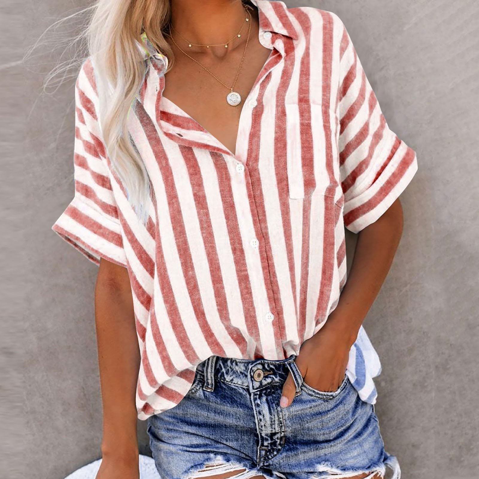 Zcgoxvn Women's Linen Short Sleeve Shirt - Striped Loose Fit Blouse, Casual & Dressy T-Shirt, Trendy Cute Fall Top for Work, Date Night & Weekend Outings