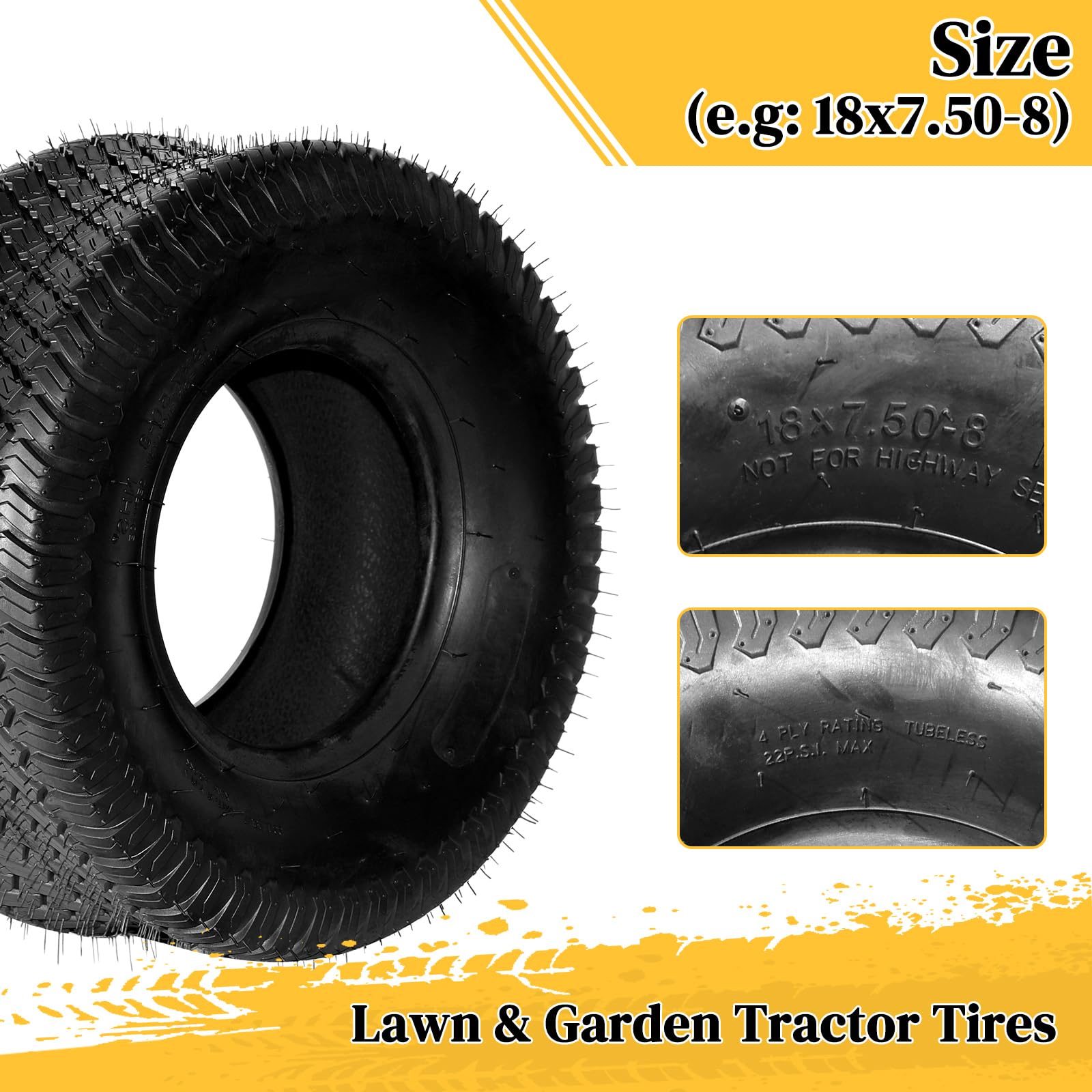 2Pcs 18x7.50-8 Tubeless Lawn Mower Tires - 4PR Heavy Duty Garden Tires for Riding Mowers, Tractors & Yard Equipment - Perfect for Grass Cutting, Landscaping & Outdoor Maintenance