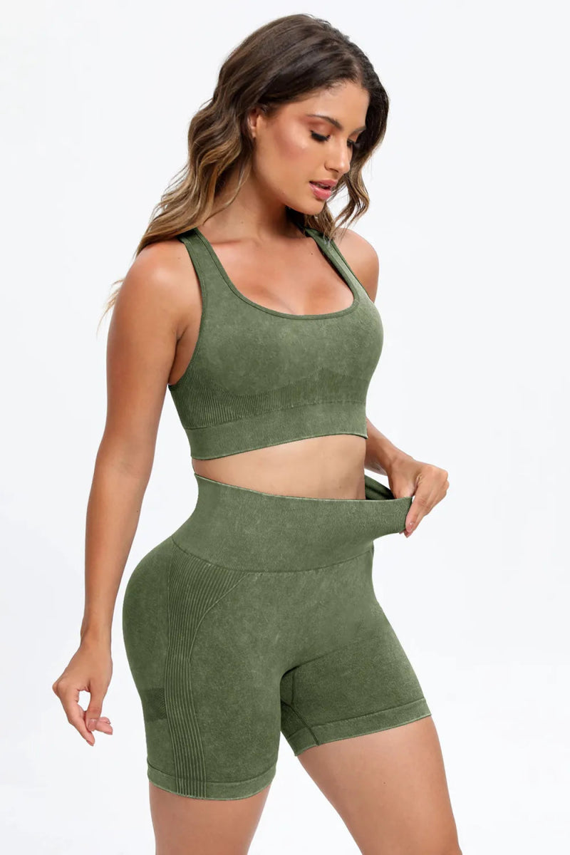 3 Piece Washed Square Neck Wide Strap Active Set for Women - Gym, Yoga & Lounge Wear - Comfortable Workout Outfit for Running & Pilates