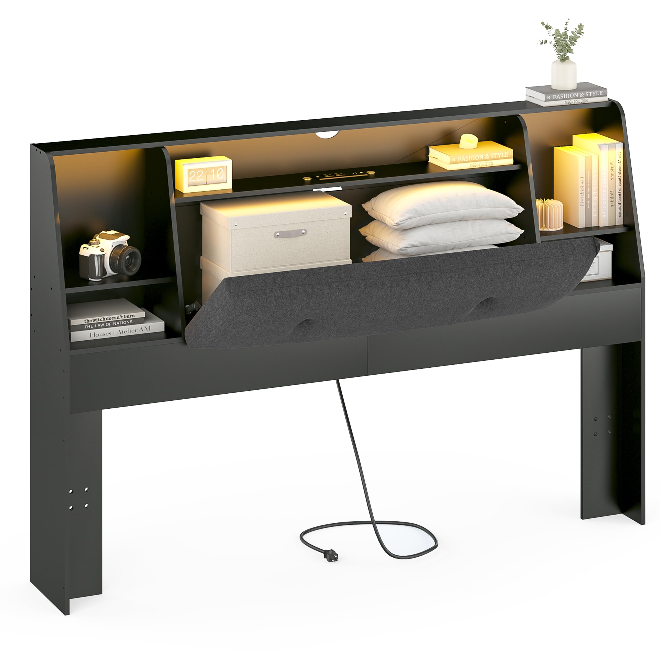 Queen Size Upholstered Headboard with Storage, USB Charging Station & 2 LED Lights - Wood Bookcase Design for Bedroom (Black, Soft Fabric) - Perfect for Master Bedrooms, Guest Rooms & Small Spaces with Limited Storage
