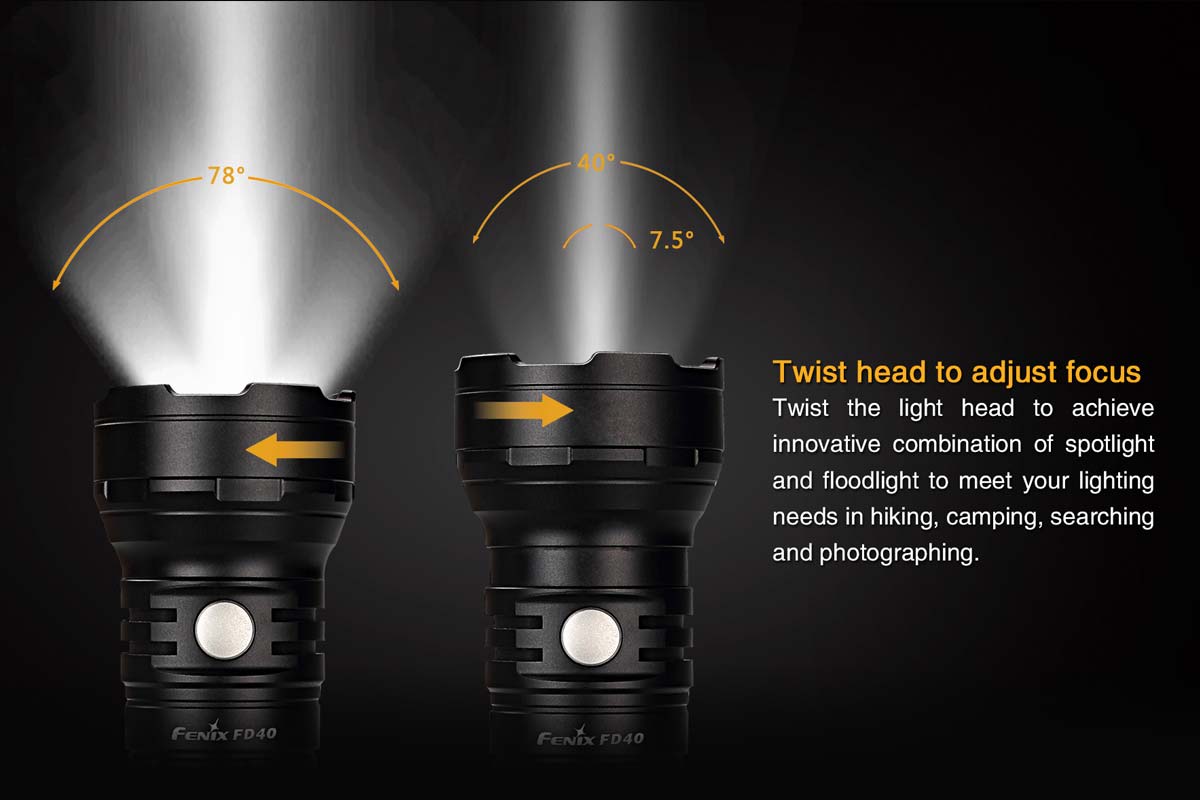 Fenix FD40 High-Power Rechargeable Flashlight - 1000 Lumens, Zoomable Beam, Waterproof - Ideal for Camping, Hiking, Emergency & Outdoor Adventures