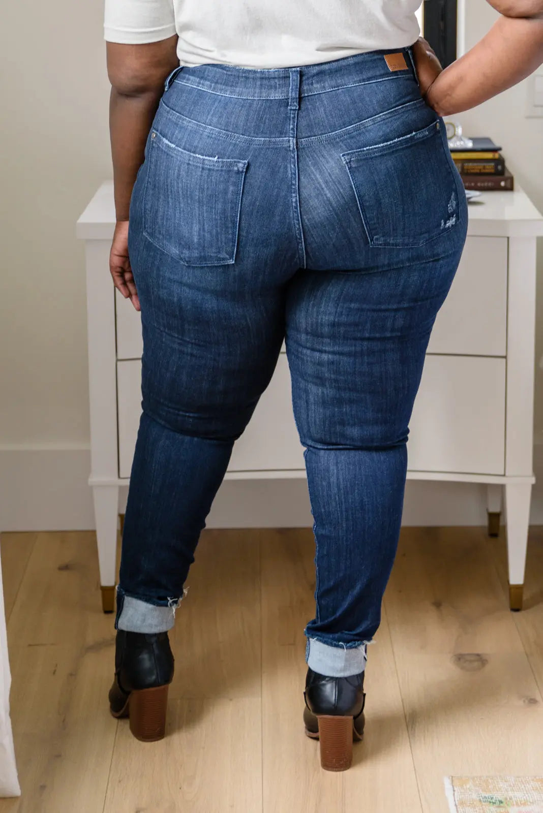 Maeve Mid Rise Dark Wash Cuffed Skinny Jeans for Women - Stretchy Denim Pants, Slim Fit, Comfortable Everyday Wear for Work & Casual Outings