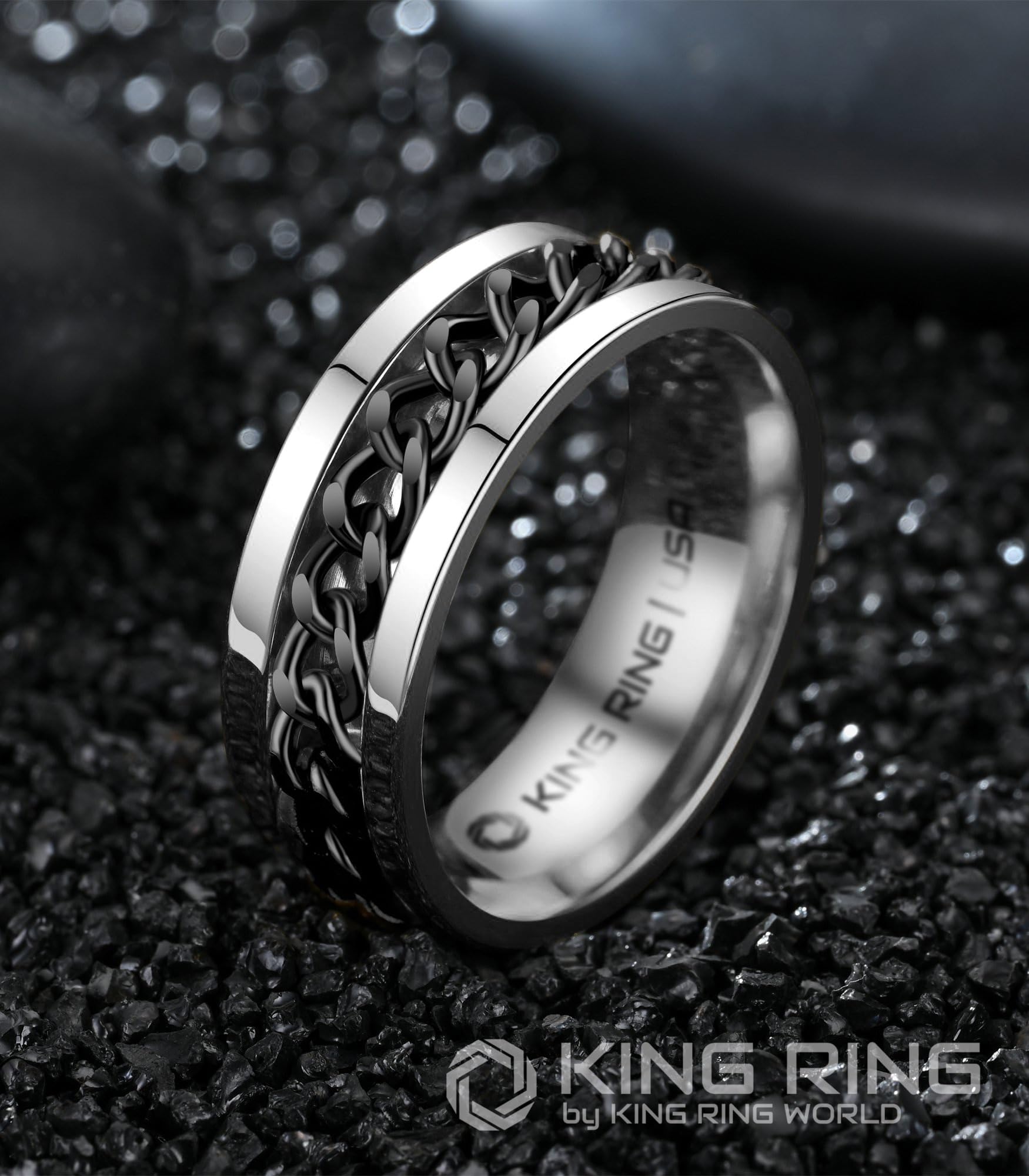 8mm Spinner Ring for Men & Women - Fine Polished Flat Fidget Ring with Cuban Chain - Stress Relief & Anxiety Reduction - Perfect for Office, Travel & Daily Wear - Designed in USA