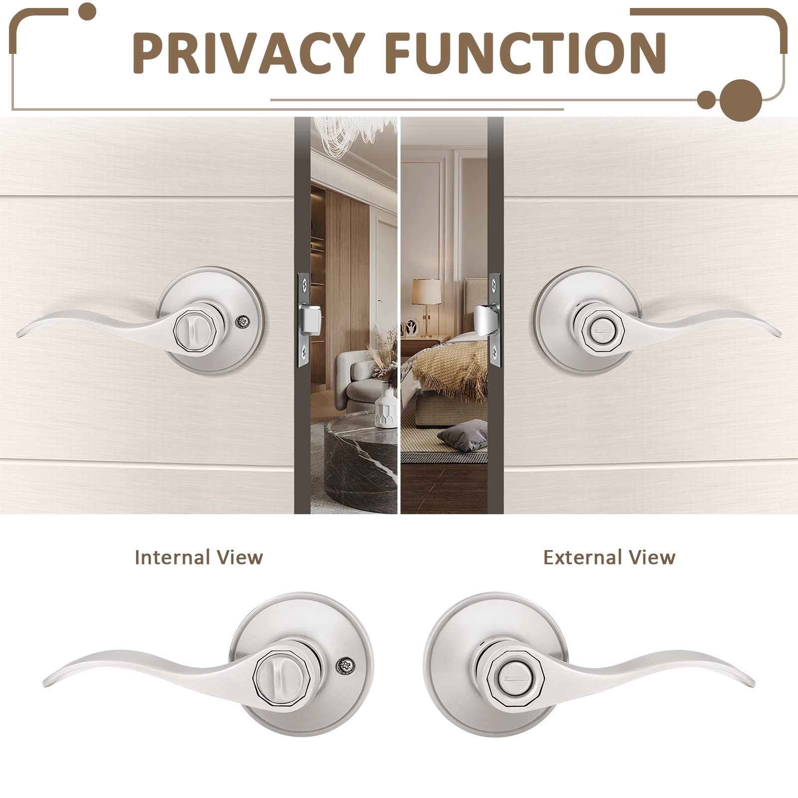Probrico 6-Pack Privacy Door Lever with Thumb Turn Lock - Keyless Satin Nickel Finish Wave Door Handle Set for Bedroom & Bathroom Doors (Reversible Right/Left Handed) - Perfect for Home, Office, and Rental Property Security