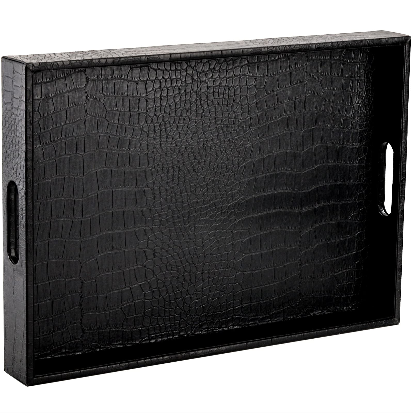 Lyellfe Black Faux Leather Serving Tray - 17x12 Inch Ottoman Tray for Coffee Table & Living Room Decor