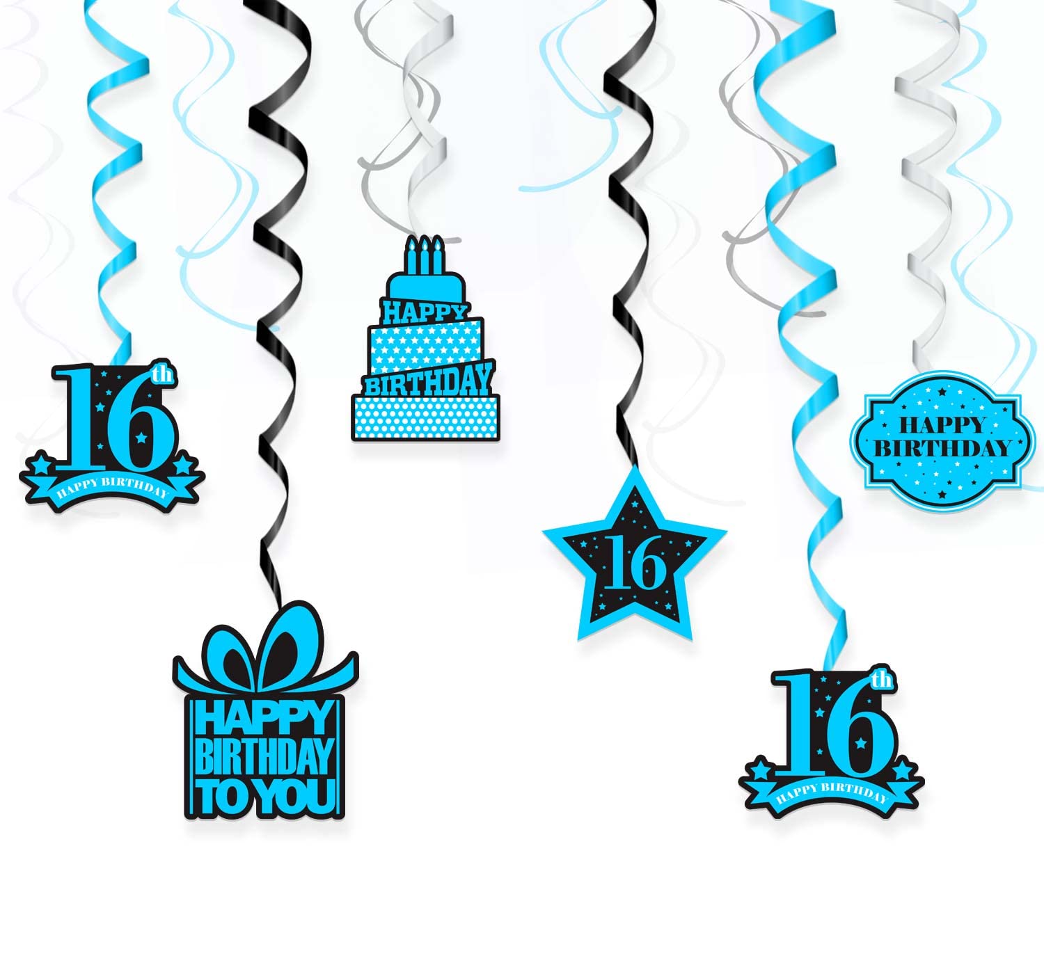 Happy 16th Birthday Decorations - Swirling Stars Confetti Ceiling Hanging Sign for Sweet 16 Party | Navy Blue & Black Theme Decor for Boys & Girls | Perfect for Birthday Celebrations, Photo Backdrops & Room Decor