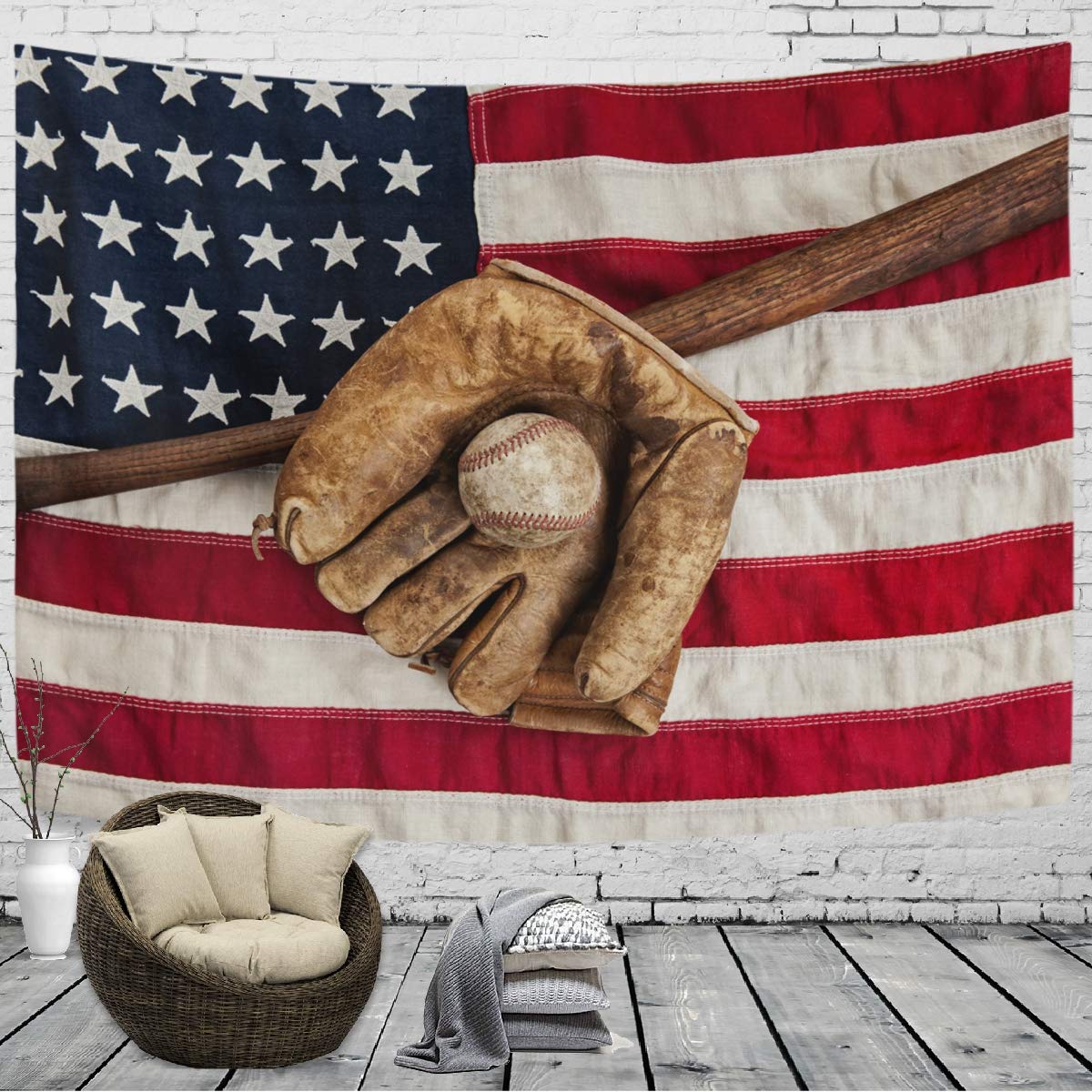 Vintage Baseball American Flag Tapestry Wall Hanging 80x60 Inch - Home Decor for Bedroom, Living Room & Dorm | Boho Wall Art, Hippie Room Decor, Sports Fan Gift Idea