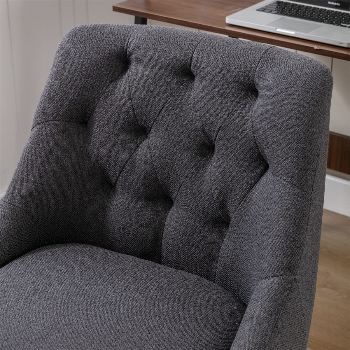 Modern Swivel Accent Chair with Adjustable Lift Seat & Casters - Tufted Curved Back Upholstered Task Chair for Home Office, Living Room & Study - Charcoal Grey - Perfect for Work, Relaxation & Small Spaces