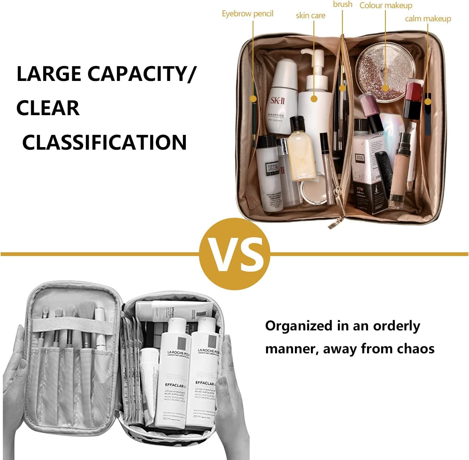 FLOBIQUE Large Waterproof Travel Makeup Bag for Women - PU Leather Cosmetic Organizer with Multiple Compartments (Multicolor) | Perfect for Vacation, Gym & Daily Use