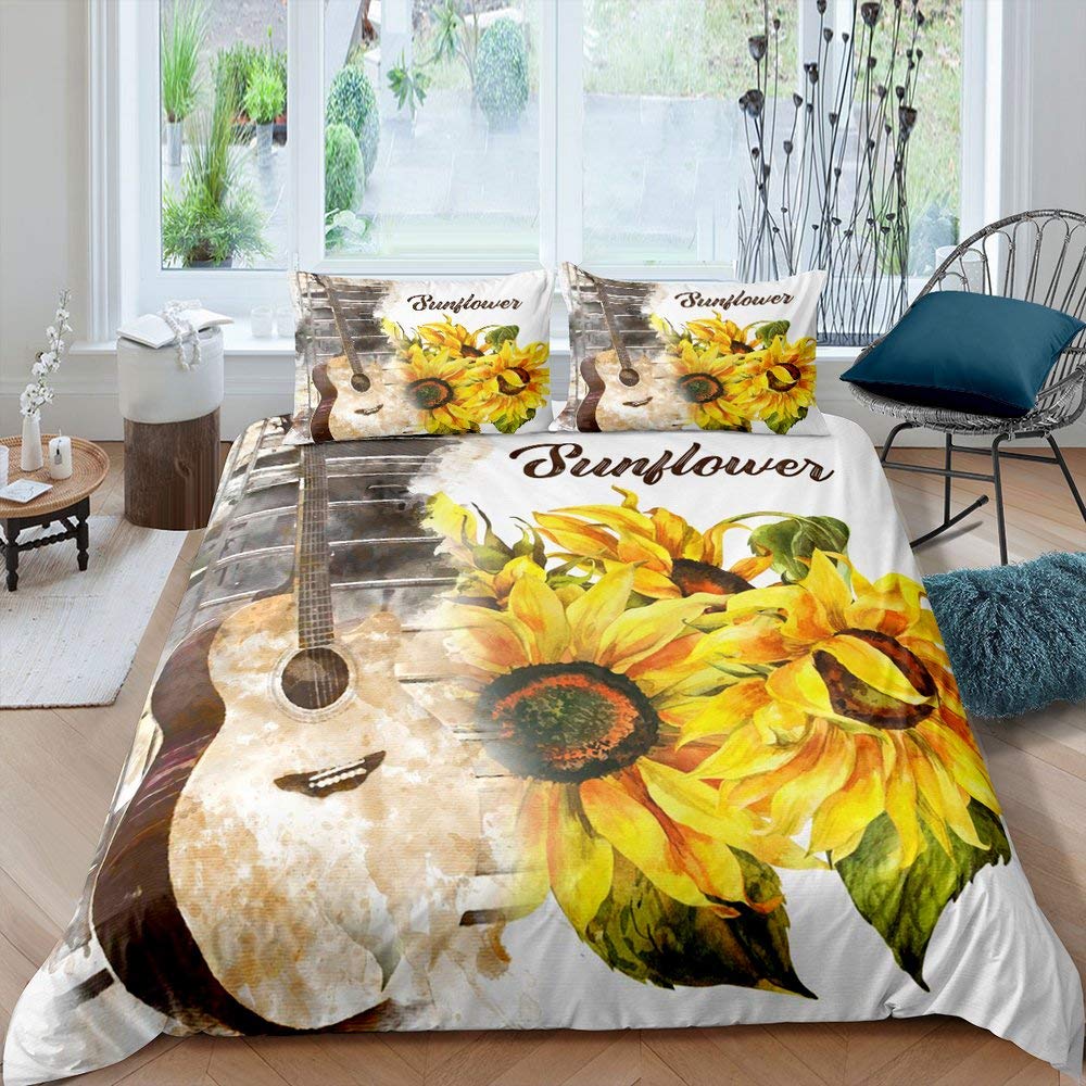 Erosebridal Sunflower Duvet Cover Twin Size - Yellow Floral Guitar Print Bedding Set | Music Themed Comforter Cover for Girls & Women | Perfect for Music Lovers' Bedroom Decor & Bohemian Style Home