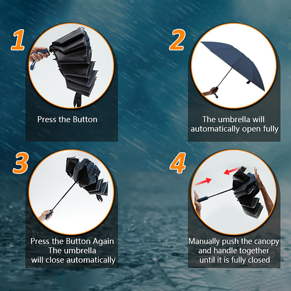 Large Double-Ribs Windproof Umbrella with Reflective Strips - Auto Open/Close Reverse Folding Compact Travel Umbrella for Rainy Days, Walking, Hiking & Outdoor Activities