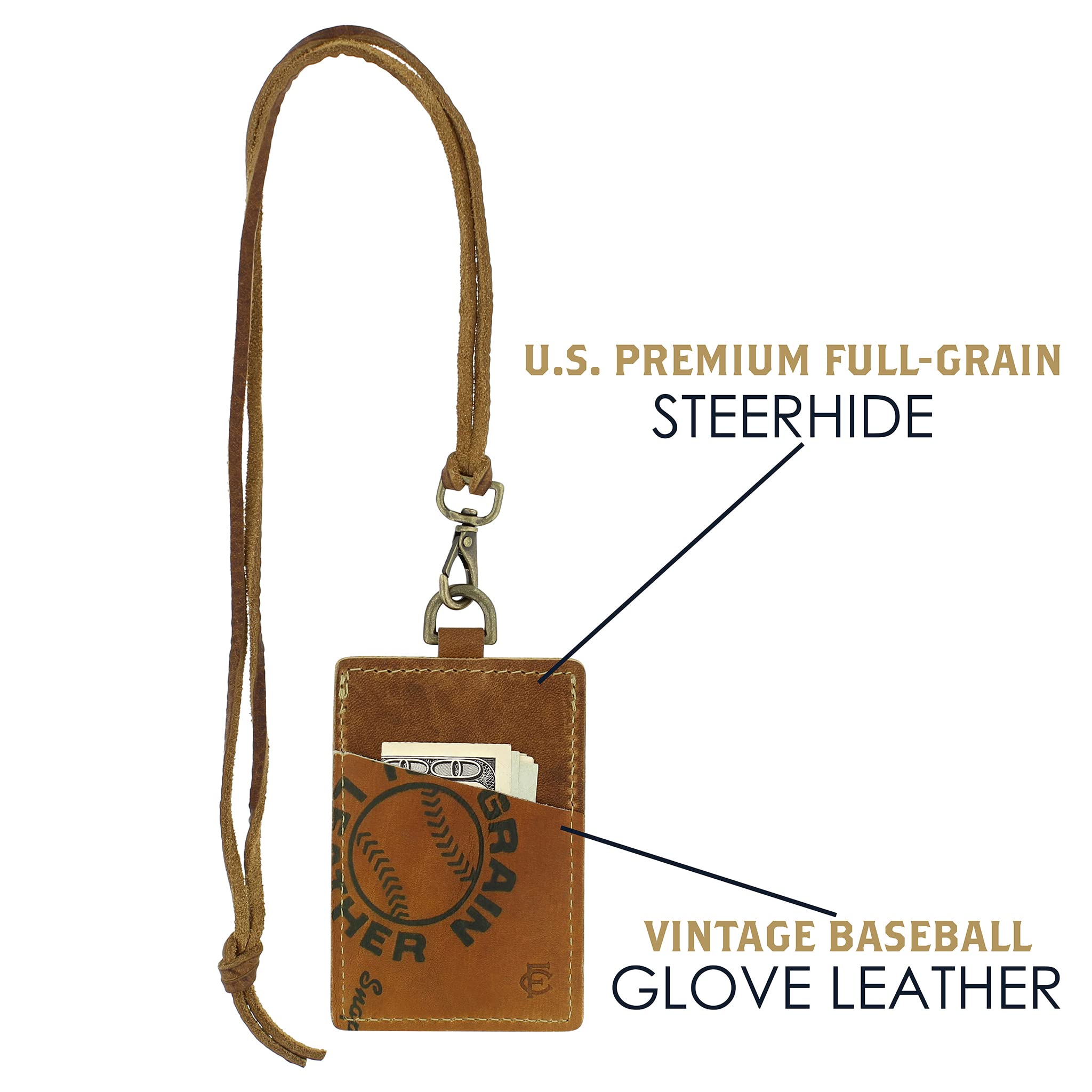 Vintage Baseball Glove Leather Vertical ID Badge Holder with Clear Window & Adjustable Lanyard - Perfect for Work, School, Events and Security Access